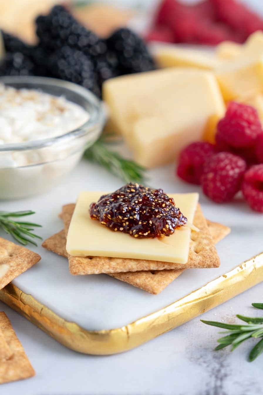 Easy Fig Chutney, fig chutney recipe, quick fig chutney, homemade fig condiment, sweet and tangy fig chutney - A close-up of a snack with a square cracker as the base, topped with a light yellow cheese slice, and a dollop of dark, textured fig jam with visible seeds on top, all resting on a white marbled board edged with gold. In the background, there are fresh blackberries and raspberries, pale yellow cheese wedges, and beige crackers, with a clear glass bowl of creamy white dip to the side. A sprig of green rosemary lies near the cracker stack. The photo taken with an iphone --ar 2:3 --v 7