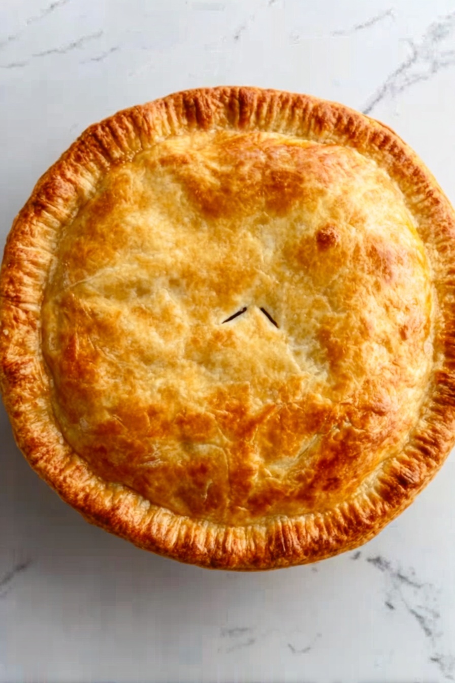 Creamy Chicken Pot Pie with Puff Pastry, Chicken Pot Pie, Puff Pastry Chicken Pie, Comfort Food Recipes, Easy Chicken Pie - A round, golden-brown pie with a flaky crust sits on a white marbled surface. The pie has a slightly crimped edge and four small slits in the center for steam to escape. The crust is evenly baked with a smooth, shiny finish showing different shades of golden color. The pie is whole, uncut, and has a simple, homemade appearance. Photo taken with an iphone --ar 2:3 --v 7