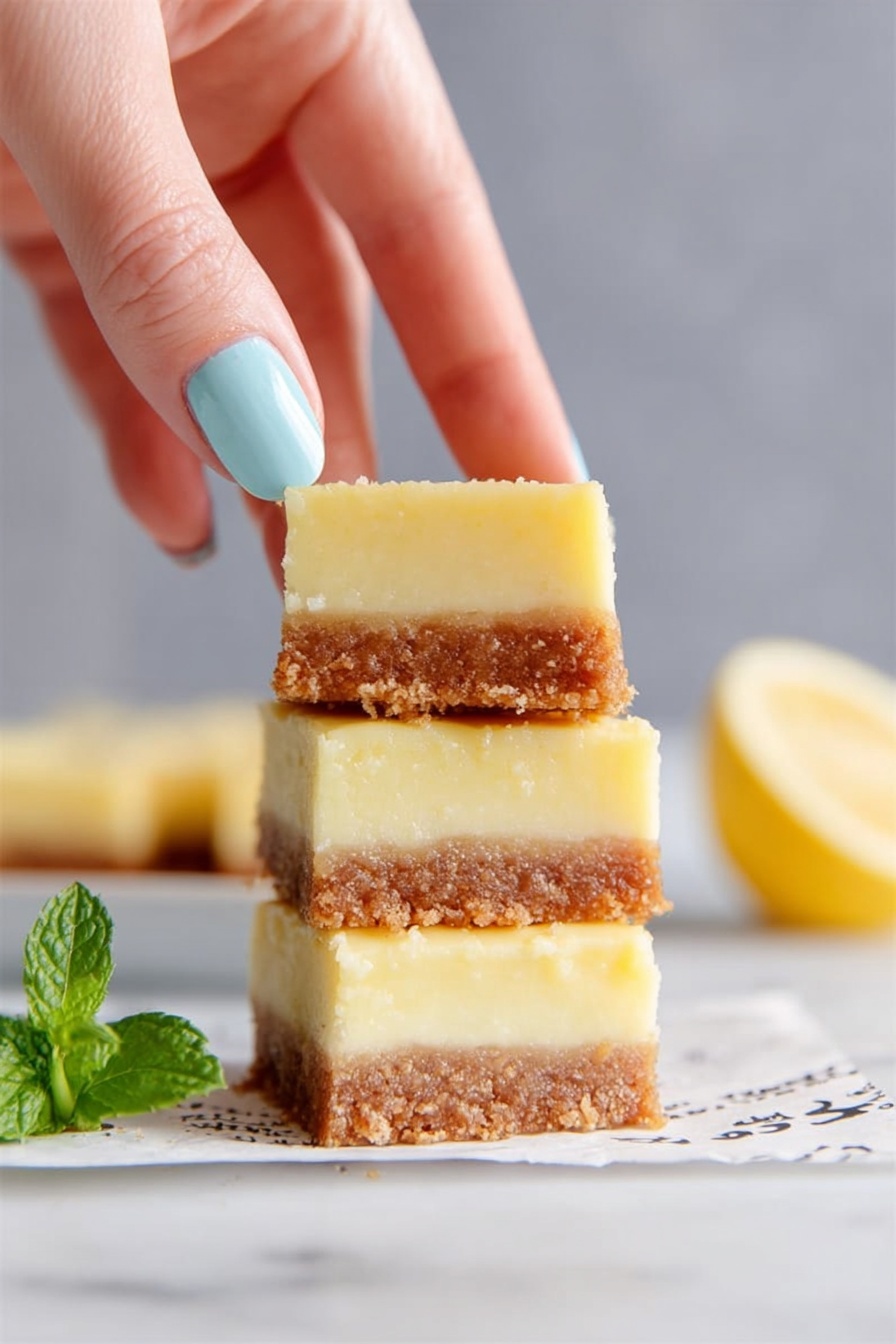 Creamy Lemon Squares, lemon bars with creamy filling, tangy lemon dessert, easy lemon dessert recipe, citrus lemon squares - The image shows three stacked lemon bars with two distinct layers each: a thick top layer of smooth, pale yellow lemon filling with a soft texture, and a bottom layer of crumbly brown crust. A woman's hand with light blue nail polish gently holds the top lemon bar. The lemon bars are placed on a white marbled surface, with a small green mint sprig visible to the left side and a blurred lemon bar and gray background in the back. Photo taken with an iphone --ar 2:3 --v 7
