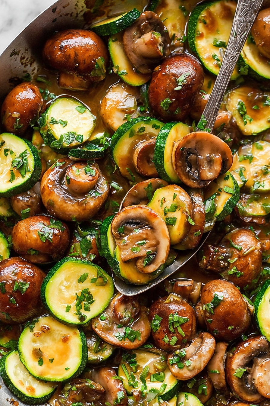Skillet Zucchini and Mushrooms, healthy vegetable stir-fry, quick zucchini mushroom dish, easy veggie skillet recipe, versatile weeknight dinner - The image shows a close-up of cooked mushrooms and zucchini mixed together in a sauce, with the mushrooms having a rich brown color and glossy texture, some whole and some with visible gills, while the zucchini is cut into thick green slices with light yellow flesh, scattered fresh green parsley pieces are sprinkled on top, and a silver spoon is partly visible scooping some of the mix; all of this sits on a white marbled surface. photo taken with an iphone --ar 2:3 --v 7