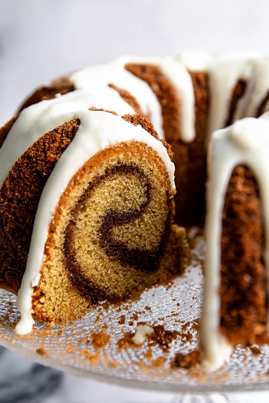 Cinnamon Bundt Cake with Cream Cheese Icing, cinnamon bundt cake recipe, easy cinnamon cake, moist cinnamon cake with cream cheese frosting, homemade cinnamon bundt cake - A close-up view of a sliced bundt cake with a spiral pattern of light and dark brown layers, topped with thick white icing dripping down the cake. The cake has a slightly rough, crumbly texture on the outer darker layer and a moist, soft look inside. It sits on a clear, round stand with some crumbs around the base, all on a white marbled surface. photo taken with an iphone --ar 2:3 --v 7