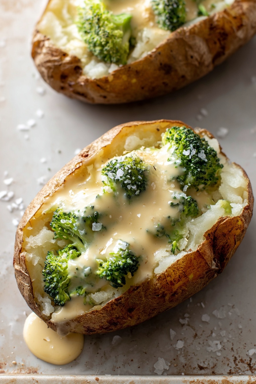 Cheesy Broccoli Baked Potatoes, broccoli stuffed baked potatoes, cheesy stuffed potatoes, healthy baked potato recipes, easy cheesy broccoli dinner - Two baked potato halves with rough brown skin and fluffy white insides sit on a white marbled textured surface. Each potato is topped with a creamy, light yellow cheese sauce mixed with small bright green broccoli florets, some sauce dripping over the edge. Coarse salt crystals are scattered around the potatoes, adding texture. The close-up view highlights the soft, crumbly texture of the potato and the smooth, rich sauce. photo taken with an iphone --ar 2:3 --v 7