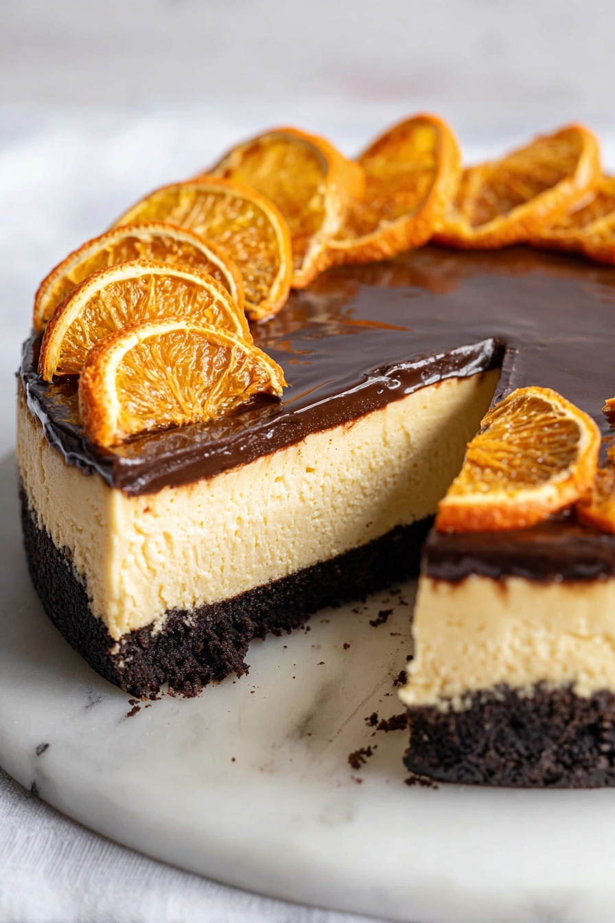 Chocolate Orange Cheesecake, chocolate orange dessert, citrus cheesecake, easy cheesecake recipes, decadent chocolate cheesecake - The image shows a three-layer cheesecake on a white marbled surface with a slice removed. The bottom layer is a dark brown, crumbly crust, the middle layer is a thick, creamy light yellow cheesecake, and the top layer is a smooth, glossy dark chocolate glaze. On top of the chocolate layer, there are evenly spaced, upright dried orange slices with bright orange color and textured skins, arranged around the edge of the cheesecake. The white marbled surface underneath contrasts gently with the rich colors of the cake. photo taken with an iphone --ar 2:3 --v 7
