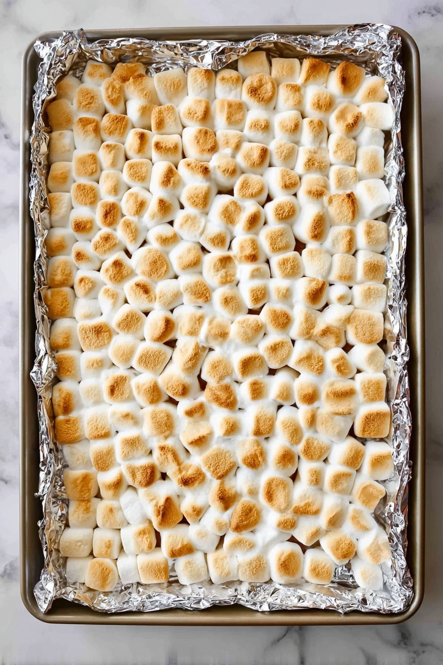 Classic S'more Bars, S'mores dessert, easy s'mores recipe, chocolate marshmallow bars, campfire treat - A large rectangular baking tray lined with shiny foil holds a layer of toasted mini marshmallows. The marshmallows are golden brown on top with some parts slightly darker, showing a toasted texture through their soft puffed forms. They cover the entire tray evenly in rows, creating a mosaic of small, round shapes with slightly caramelized spots. The tray sits on a white marbled surface. photo taken with an iphone --ar 2:3 --v 7