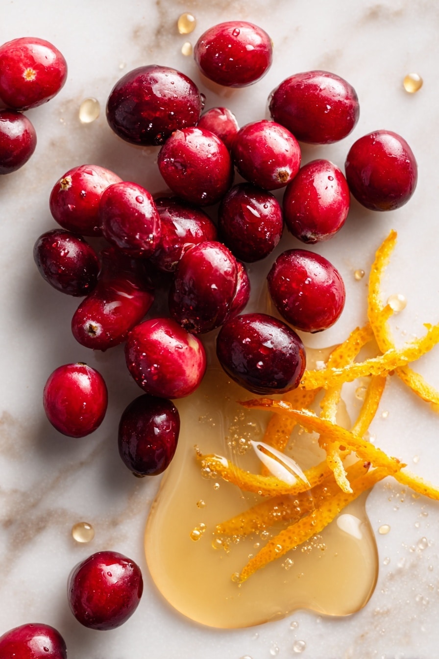 Sweet and Tangy Cranberry Sauce with Maple and Orange Zest, holiday cranberry sauce, homemade cranberry sauce recipe, fresh orange cranberry sauce, easy cranberry sauce - Flat lay of fresh, plump red cranberries clustered beside a small pile of bright orange zest strips with their textured, vibrant peel, next to a small pool of golden maple syrup glistening under soft light, alongside a few clear drops of water sparkling naturally, all arranged with casual elegance and natural spacing to highlight their rich colors and textures, placed on white marbled surface, photo taken with an iphone --ar 2:3 --v 7