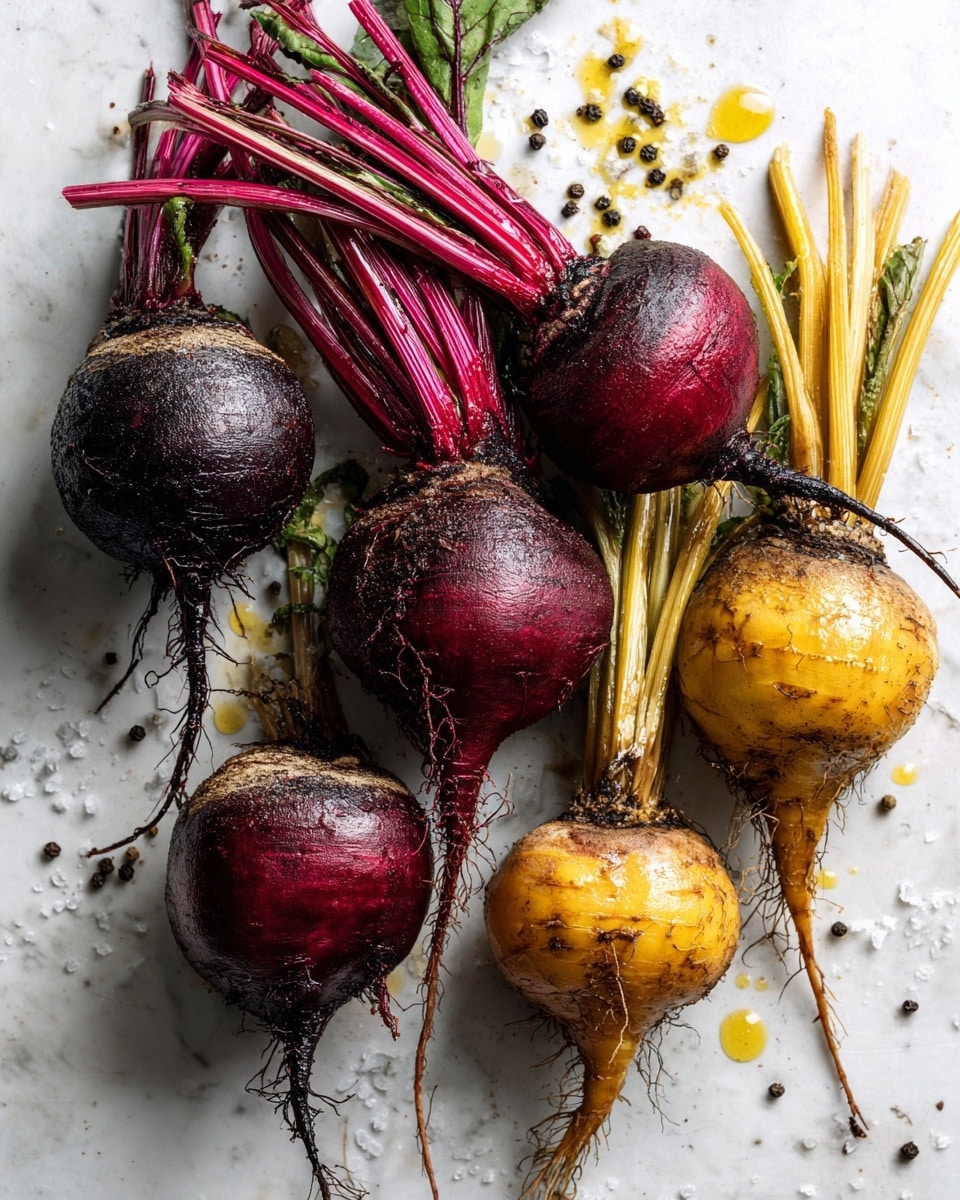 Roasted Beets, beet roasting tips, easy beet recipes, healthy roasted vegetables, simple beet side dish - Flat lay of six fresh medium beets with deep red and purple hues, their smooth skin glistening slightly from natural moisture, some with thin roots still attached, arranged naturally with a few scattered coarse sea salt crystals and whole black peppercorns nearby. Small droplets of golden extra-virgin olive oil catch the light, highlighting the rich textures and vibrant colors of the beets. The composition is simple and rustic, emphasizing freshness and earthiness, placed on white marbled surface, photo taken with an iphone --ar 2:3 --v 7