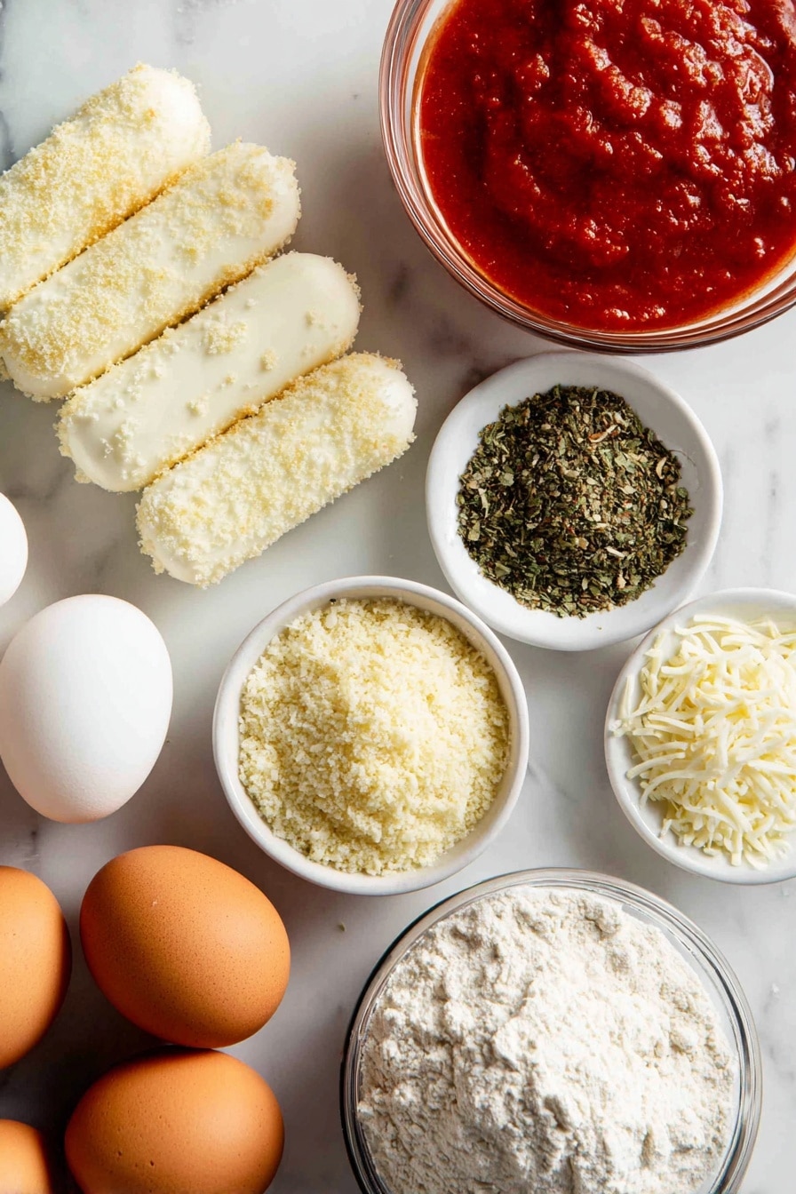 Baked Mozzarella Sticks, cheesy baked mozzarella sticks, crispy baked mozzarella sticks, oven-baked mozzarella sticks, homemade mozzarella sticks - Flat lay of fresh mozzarella string cheeses with smooth white texture, golden panko breadcrumbs mixed with grated parmesan cheese showing a crumbly, light yellow texture, bright red marinara sauce in a small glass bowl, whole eggs with glossy brown shells, a heap of finely ground garlic powder, dried oregano and parsley flakes with green and earthy tones, and a small pile of white all-purpose flour, all beautifully arranged with natural spacing and varied heights, placed on white marbled surface, photo taken with an iphone --ar 2:3 --v 7