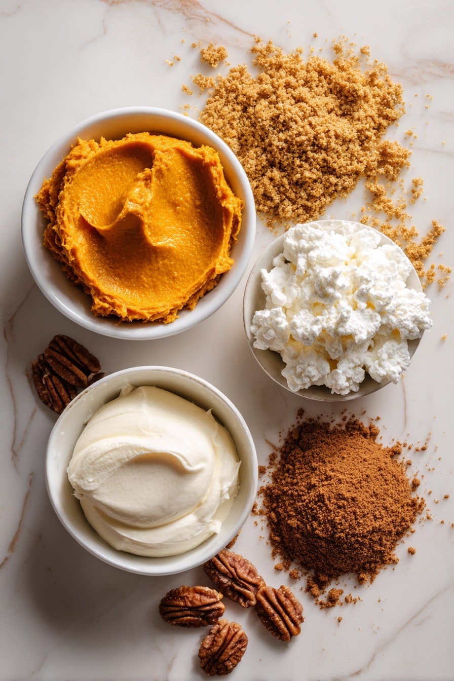 No Bake Pumpkin Lush, pumpkin lush dessert, no bake pumpkin pie, easy pumpkin dessert, fall no bake recipes - Flat lay of vibrant orange pumpkin puree dolloped next to smooth, creamy white cream cheese, golden crushed gingersnap cookie crumbs scattered around with rich brown chopped pecans, a small pile of warm brown pumpkin spice powder nestled beside a bright white mound of fluffy Cool Whip, all arranged naturally with soft shadows highlighting the different textures and colors, placed on white marbled surface, photo taken with an iphone --ar 2:3 --v 7