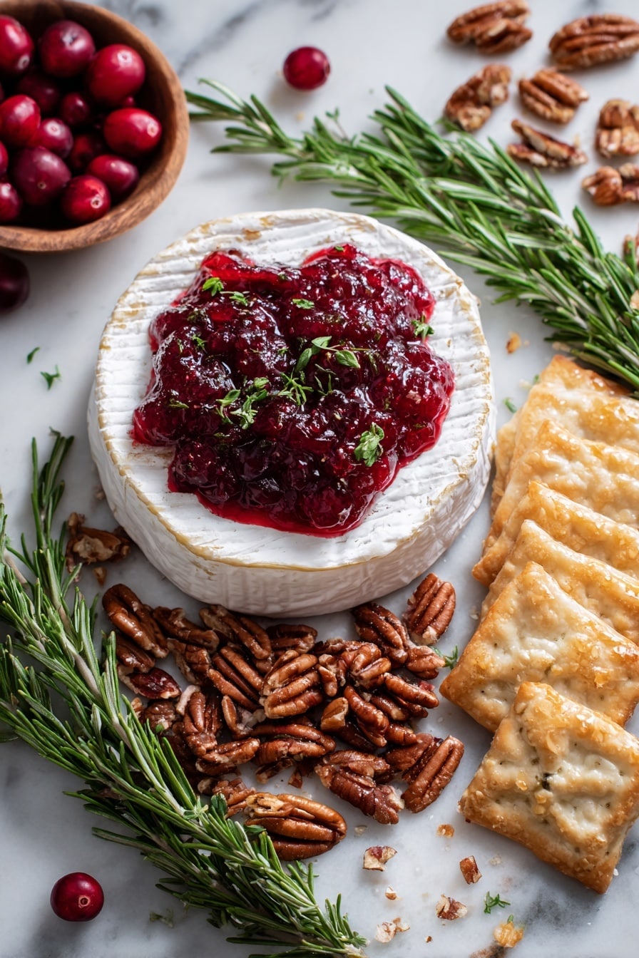 Cranberry Brie Bites with Puff Pastry, cranberry brie appetizer, holiday puff pastry bites, easy crowd-pleasing appetizers, festive party snacks - Flat lay of a round wheel of creamy white Brie cheese with a smooth, slightly glossy surface, deep red homemade cranberry sauce glistening with whole cranberries, light golden puff pastry sheets with delicate flaky layers, a small pile of chopped pecans showing rich brown hues and textured ridges, fresh bright green rosemary sprigs with needle-like leaves, all arranged naturally with some crumbs and bits scattered around, placed on white marbled surface, photo taken with an iphone --ar 2:3 --v 7