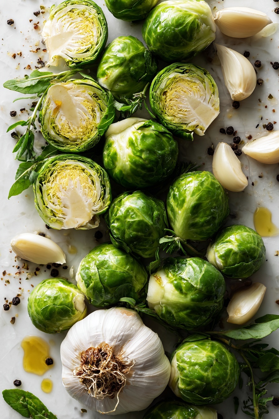 Best Roasted Brussels Sprouts, roasted Brussels sprouts, crispy Brussels sprouts, healthy Brussels sprouts side dish, easy Brussels sprouts recipe - Flat lay of fresh bright green Brussels sprouts halved to show their layered texture, several large creamy white garlic cloves with papery skins partially peeled, a small cluster of glossy dark brown balsamic vinegar droplets glistening as if freshly poured, scattered coarse black peppercorns, and a few golden amber glistening olive oil pools, all arranged naturally with fresh green Brussels sprout leaves and rough trimmed stalk ends adding organic shapes and contrast, placed on white marbled surface, photo taken with an iphone --ar 2:3 --v 7