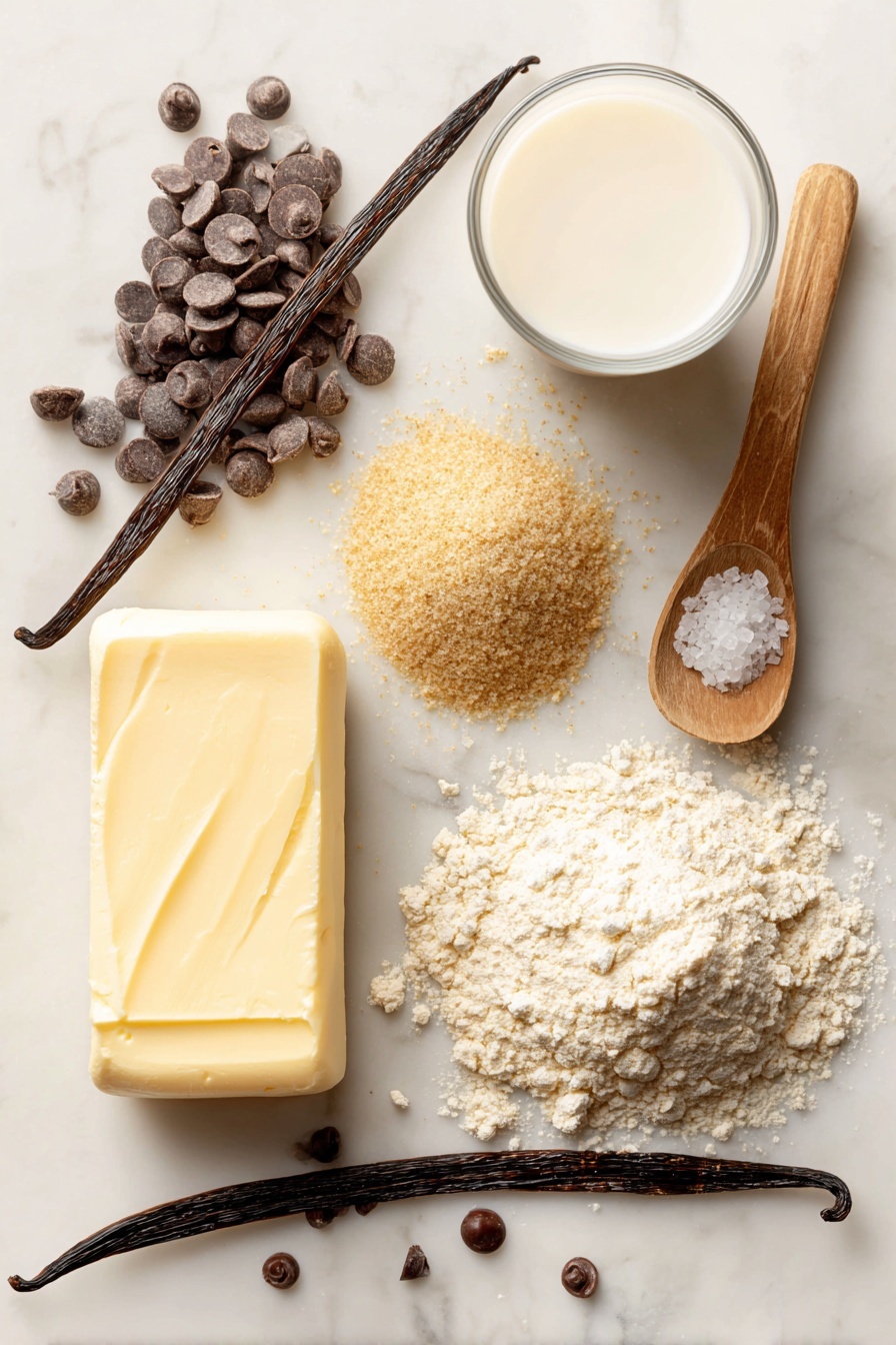 Vegan Gluten-Free Chocolate Chip Cookies, allergy-friendly vegan cookies, dairy-free chocolate chip cookies, healthy gluten-free cookie recipe, plant-based gluten-free treats - Flat lay of a stick of creamy vegan butter with a smooth, pale yellow texture, a small mound of rich, golden brown sugar with fine grains sparkling softly, glossy dark brown vegan chocolate chips scattered artfully, a small glass of creamy white soy milk, a neat pile of light beige gluten free flour with a powdery texture, a wooden spoon holding a teaspoon of fine white baking soda powder, a fresh vanilla bean pod with deep brown glossy surface, and a sprinkle of coarse sea salt crystals shining subtly, all beautifully arranged with natural spacing and soft shadows, placed on white marbled surface, photo taken with an iphone --ar 2:3 --v 7