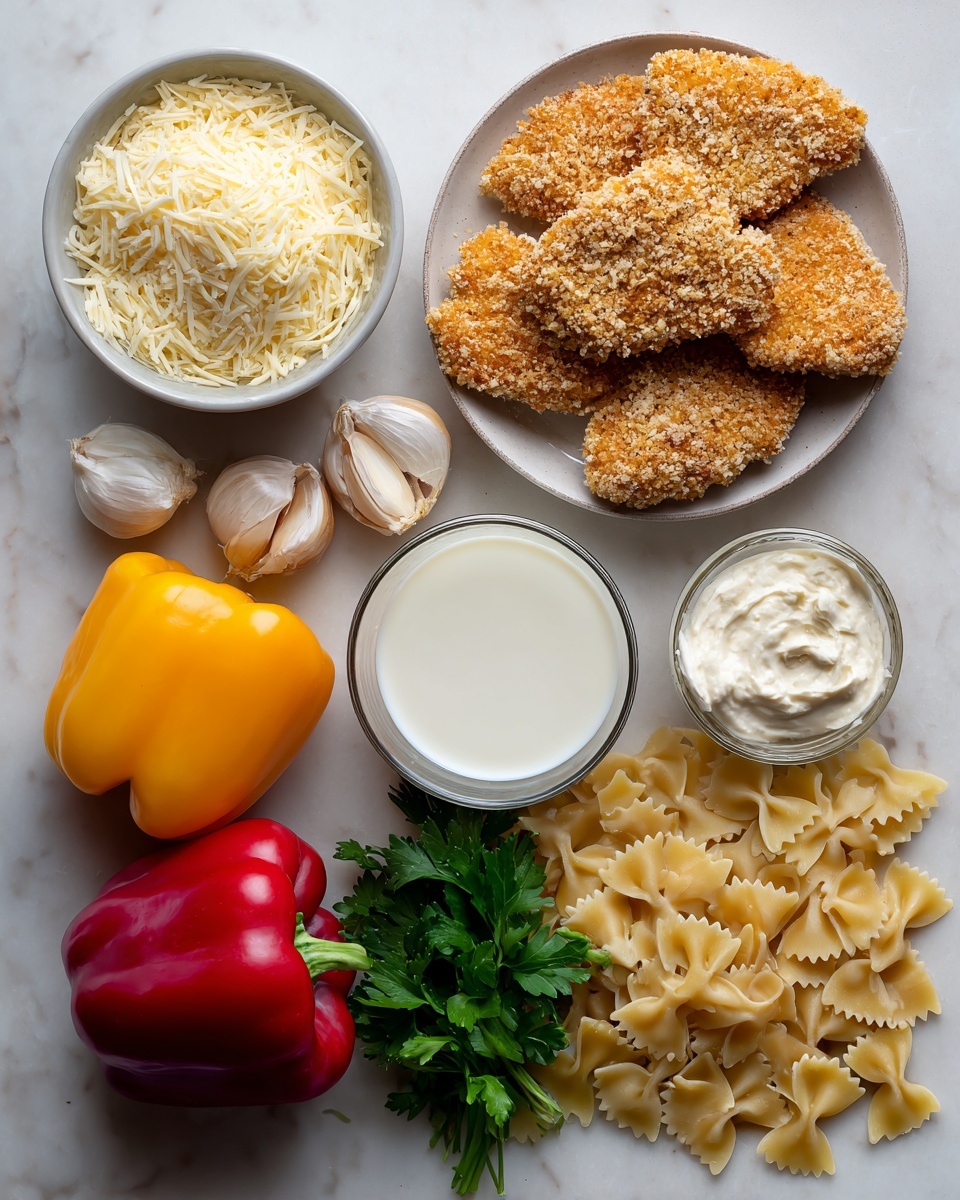 Southern Style Creamy Parmesan Chicken Pasta, creamy parmesan chicken pasta, Cajun chicken pasta, easy Southern chicken pasta, cheesy chicken pasta recipe - Flat lay of a few golden chicken cutlets coated with panko crumbs, a small bowl filled with grated parmesan cheese, a medium yellow onion chopped into pieces, two colorful bell peppers roughly chopped, three garlic cloves peeled and finely chopped, a glass of creamy milk next to a small container of heavy cream, a dollop of cream cheese at room temperature, a bunch of fresh parsley leaves, and a handful of short cut pasta scattered artfully, all placed on a white marble surface, photo taken with an iphone --ar 2:3 --v 7