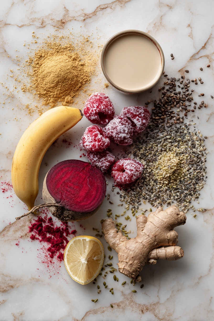 Banana Beet Smoothie, healthy beet smoothie, nutritious fruit smoothie, vibrant green smoothie, easy smoothie recipes - Flat lay of a small raw beet with its deep red skin, a peeled ripe banana, vibrant frozen raspberries covered in frost, a small pile of golden maca root powder, a sprinkle of chia seeds, a scattering of hemp seeds, a wedge of fresh lemon, and a splash of creamy non-dairy milk all beautifully arranged in a harmonious layout placed on a white marble surface, photo taken with an iphone --ar 2:3 --v 7