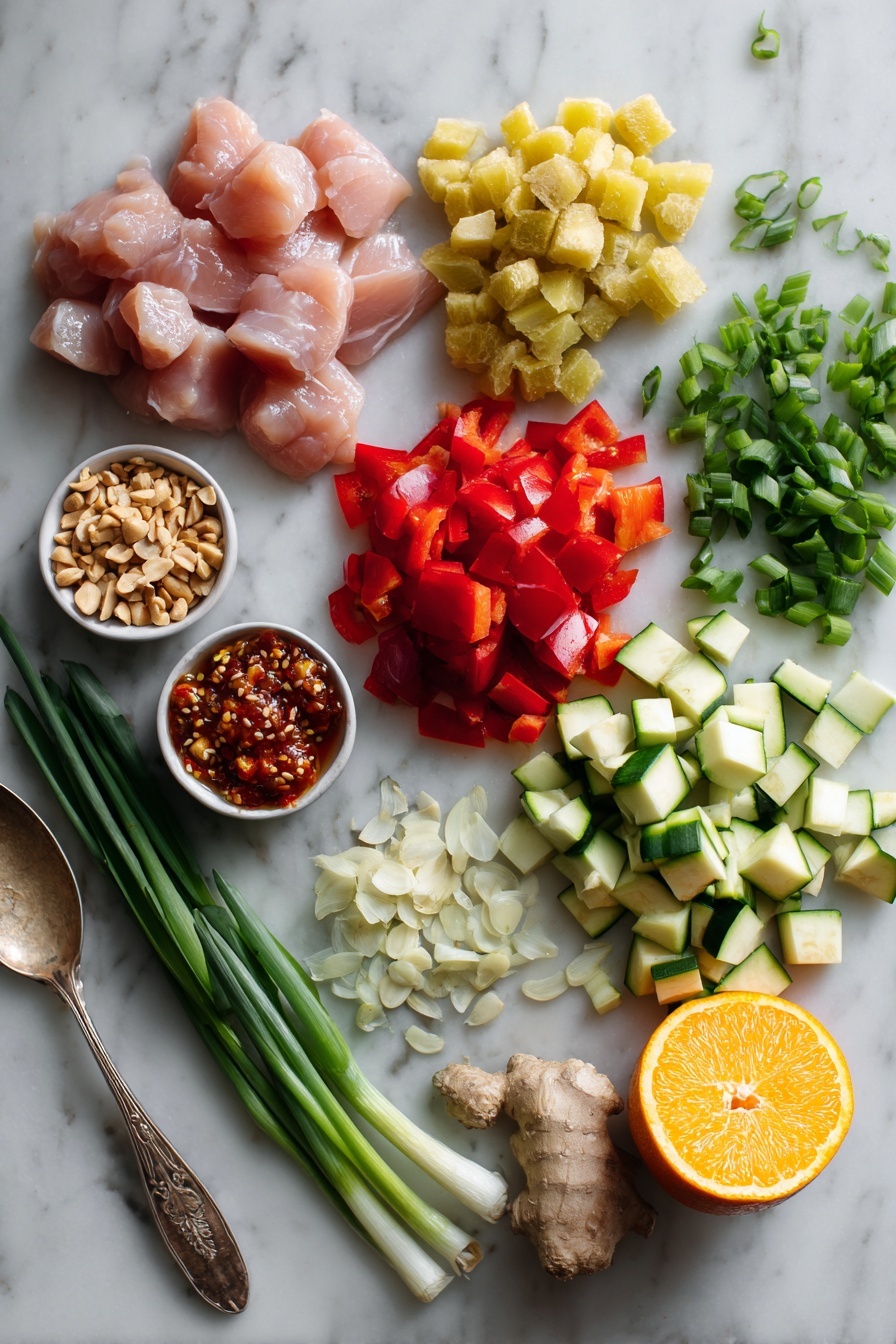 Kung Pao Chicken, Chinese stir-fry, spicy chicken dishes, homemade Kung Pao, Asian chicken recipes - Flat lay of cubed raw chicken breast, bright red and green bell pepper squares, sliced zucchini pieces, chopped white onion, peeled garlic cloves, fresh grated ginger, whole orange with a wedge showing vibrant orange flesh, a small pile of roasted salted peanuts, and a spoonful of glossy chili crisp sauce, all beautifully arranged with fresh green onion slices and a sprinkle of white sesame seeds placed on a white marble surface, photo taken with an iphone --ar 2:3 --v 7