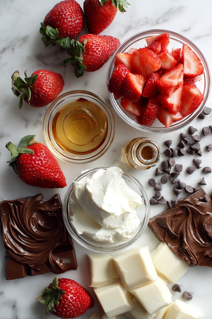 Chocolate Strawberry Yogurt Clusters, healthy snack ideas, no-bake dessert, easy fruit snacks, vegan-friendly treats - Flat lay of bright red chopped strawberries, creamy white plain Greek yogurt dollops, smooth golden honey drizzles, small glass vial of vanilla extract, glossy semi-sweet chocolate chips scattered, rich melted chocolate swirl, and smooth chunks of translucent coconut oil, all beautifully arranged on a white marble surface, photo taken with an iphone --ar 2:3 --v 7