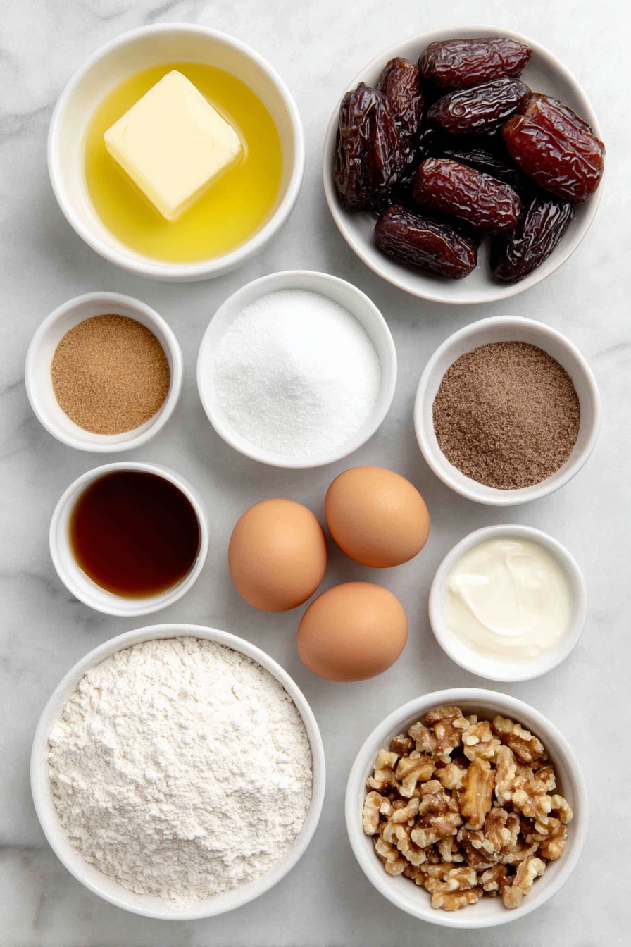 Sticky Toffee Pudding with Warm Toffee Sauce, moist toffee pudding recipe, easy sticky toffee dessert, warm toffee sauce recipe, comforting caramel pudding - Flat lay of pitted medjool dates, a small white bowl of boiling water, a pat of room temperature butter, a small white bowl of light brown sugar, a small white bowl of molasses, two large whole clean eggs, a small white bowl of all-purpose flour, a small white bowl of baking powder, a small white bowl of baking soda, a small white bowl of salt, a small white bowl of heavy whipping cream, a small white bowl of chopped walnuts, all arranged symmetrically with perfect proportions on a clean white marble surface, soft natural light, photo taken with an iPhone, professional food photography style, fresh ingredients, white ceramic bowls, no bottles, no duplicates, no utensils, no packaging --ar 2:3 --v 7 --p awthu7i m7354615311229779997