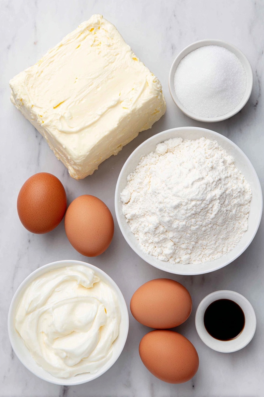 Loaf Pan Basque Cheesecake, Basque cheesecake recipe, baked cheesecake, rustic cheesecake, caramelized cheesecake top - Flat lay of a large block of fresh cream cheese with smooth texture, a small mound of granulated sugar, four large whole brown eggs with clean shells, a small white ceramic bowl filled with thick heavy cream, a small white ceramic bowl containing pure vanilla extract, a small pinch of fine salt crystals, and a small white ceramic bowl of sifted all-purpose flour, all arranged symmetrically and naturally on a clean white marble surface, soft natural light, photo taken with an iPhone, professional food photography style, fresh ingredients, white ceramic bowls, no bottles, no duplicates, no utensils, no packaging --ar 2:3 --v 7 --p awthu7i m7354615311229779997