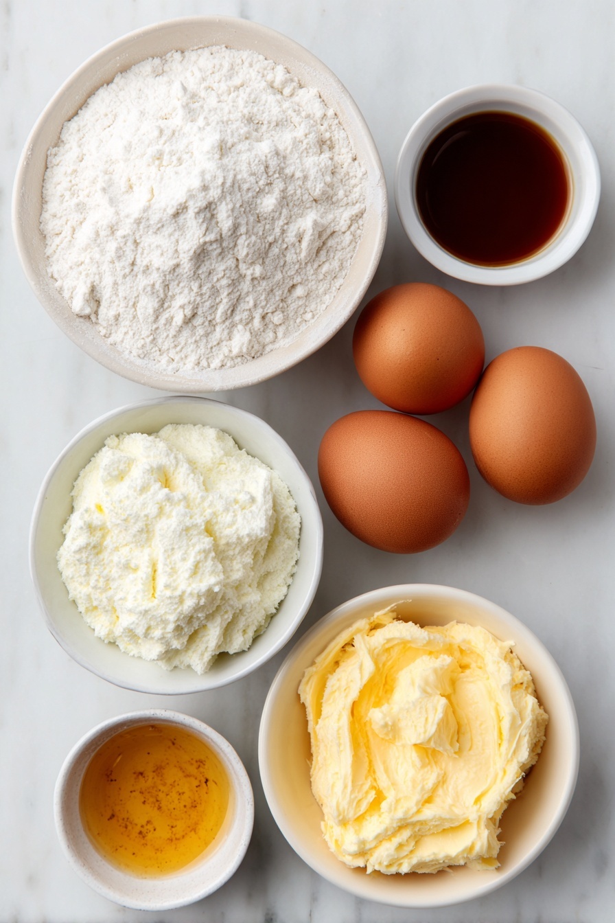 Keto Protein Crepes, low carb keto breakfast, high protein pancake recipe, keto-friendly breakfast ideas, easy keto crepes - Flat lay of two whole brown eggs with clean shells, a small white ceramic bowl of white whey protein powder, a small white ceramic bowl of vanilla extract, a small white ceramic bowl of powdered sweetener, a small white ceramic bowl with melted golden butter, placed on a clean white marble surface, soft natural light, photo taken with an iPhone, professional food photography style, fresh ingredients, white ceramic bowls, no bottles, no duplicates, no utensils, no packaging --ar 2:3 --v 7 --p awthu7i m7354615311229779997