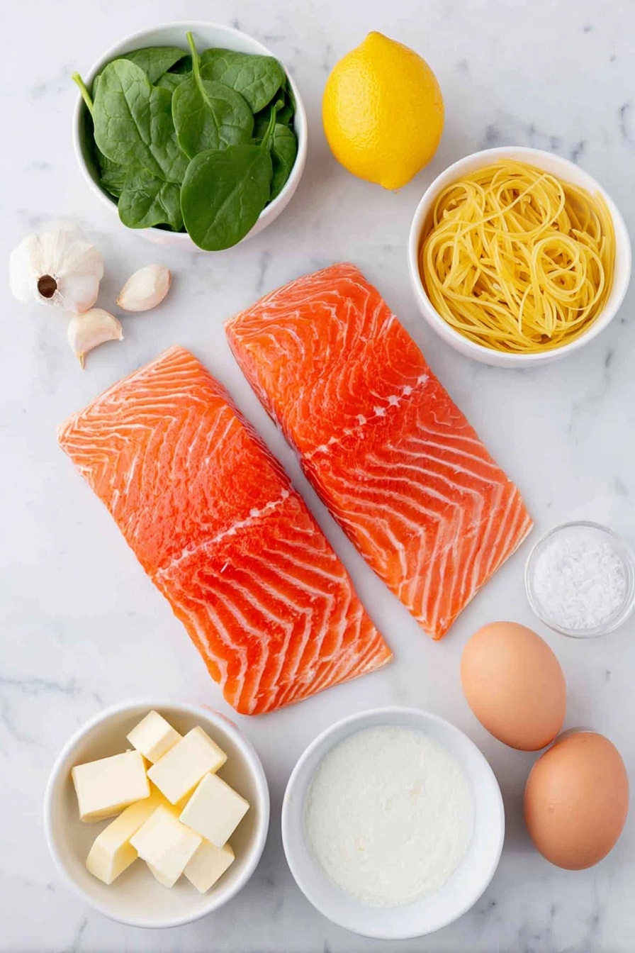 Creamy Salmon Pasta with Spinach, Creamy Salmon Pasta, Salmon Pasta recipes, Spinach pasta dishes, Easy seafood pasta - Flat lay of two fresh pink salmon fillets with skin visible, a small pile of green baby spinach leaves, several bright yellow lemon wedges, three whole garlic cloves with papery skins intact, a small heap of capers, a few sprigs of fresh lemon zest strands, a small mound of uncooked pale golden linguine pasta, a simple white ceramic bowl filled with smooth heavy cream, another small white bowl containing clear dry white wine, a small white bowl with unsalted butter cubes, two whole uncracked brown eggs, all arranged symmetrically on a clean white marble surface, soft natural light, photo taken with an iPhone, professional food photography style, fresh ingredients, white ceramic bowls, no bottles, no duplicates, no utensils, no packaging --ar 2:3 --v 7 --p awthu7i m7354615311229779997