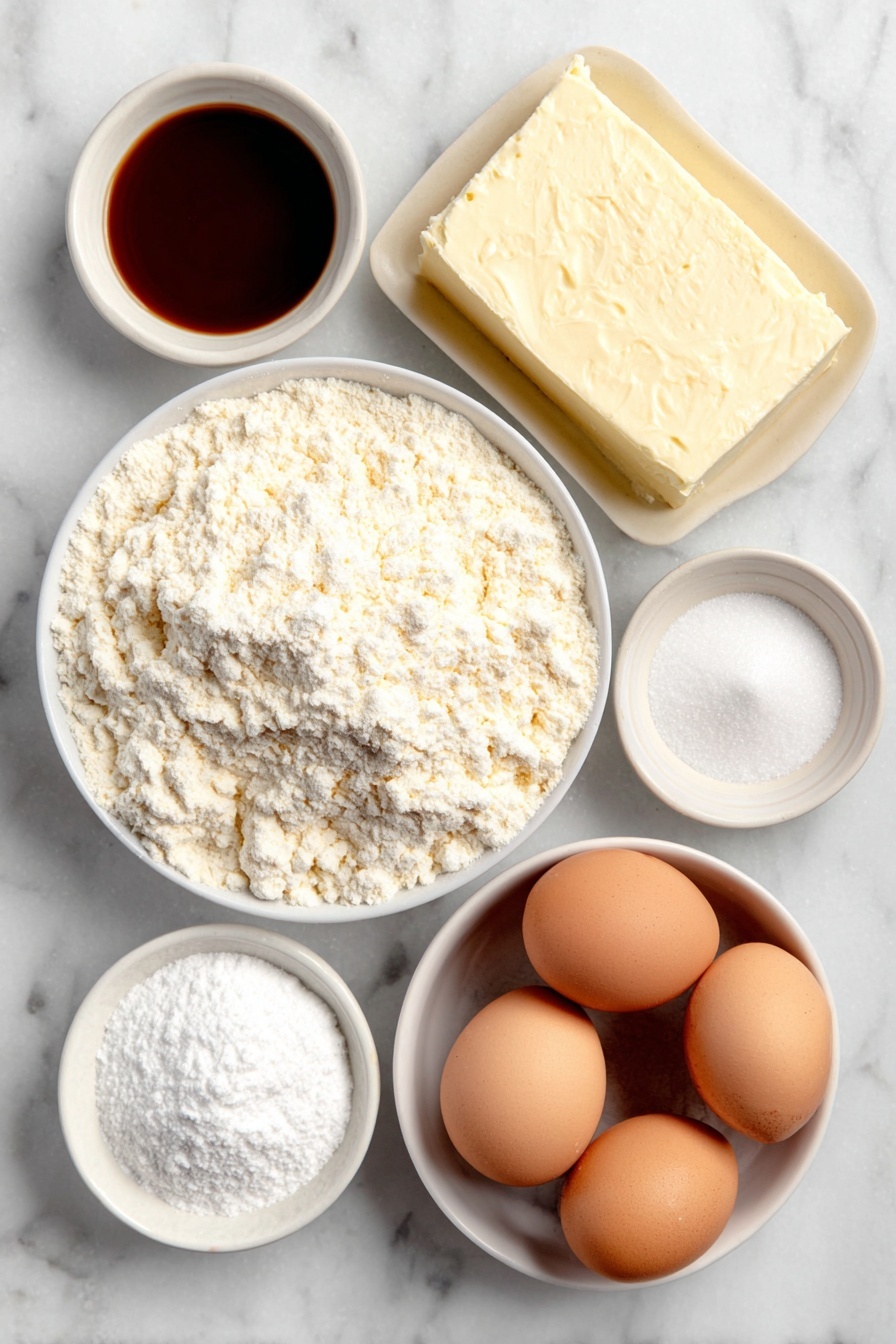 Ooey Gooey Cream Cheese Cake, cream cheese cake, gooey dessert recipes, easy cream cheese cake, indulgent cake recipes - Flat lay of a small pile of bright yellow cake mix powder, two whole brown eggs with clean shells, a small white bowl of melted golden butter, a small white bowl of clear vanilla extract, a block of fresh cream cheese with a smooth surface, another two whole brown eggs with clean shells, a small white bowl of confectioners sugar, all arranged with perfect symmetry and natural colors, placed on a clean white marble surface, soft natural light, photo taken with an iPhone, professional food photography style, fresh ingredients, white ceramic bowls, no bottles, no duplicates, no utensils, no packaging --ar 2:3 --v 7 --p awthu7i m7354615311229779997