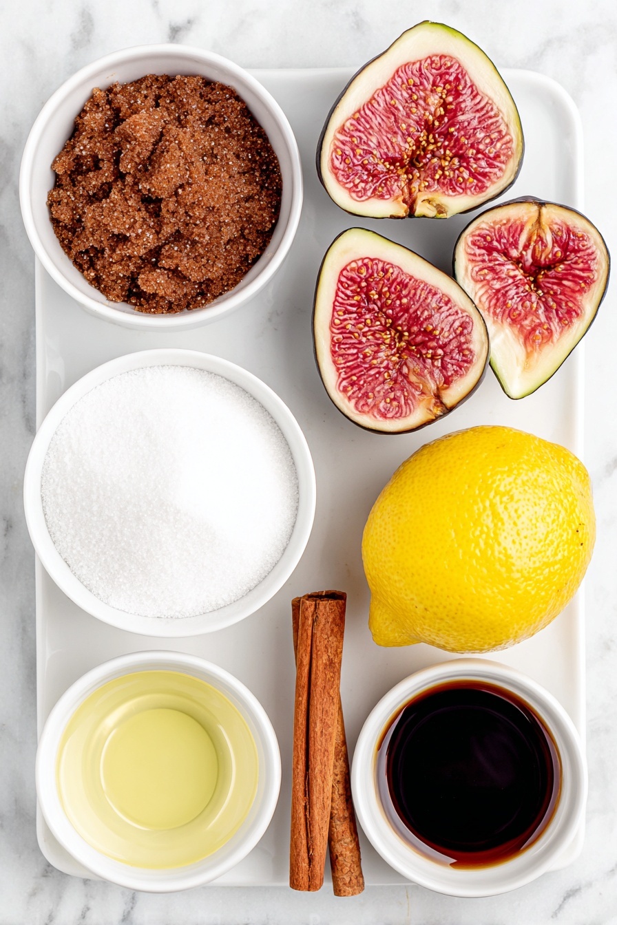 Easy Fig Chutney, fig chutney recipe, quick fig chutney, homemade fig condiment, sweet and tangy fig chutney - Flat lay of fresh whole figs halved showing deep purple skin and pink flesh, a small white ceramic bowl filled with dark brown soft packed brown sugar, a small white ceramic bowl of clear water, a small white ceramic bowl of dark glossy balsamic vinegar, a small white ceramic bowl with fresh bright yellow lemon juice, and a single cinnamon stick with reddish brown bark placed next to a small pile of ground cinnamon powder on a simple white ceramic plate, all ingredients arranged in perfect symmetry, placed on a clean white marble surface, soft natural light, photo taken with an iPhone, professional food photography style, fresh ingredients, white ceramic bowls, no bottles, no duplicates, no utensils, no packaging --ar 2:3 --v 7 --p awthu7i m7354615311229779997
