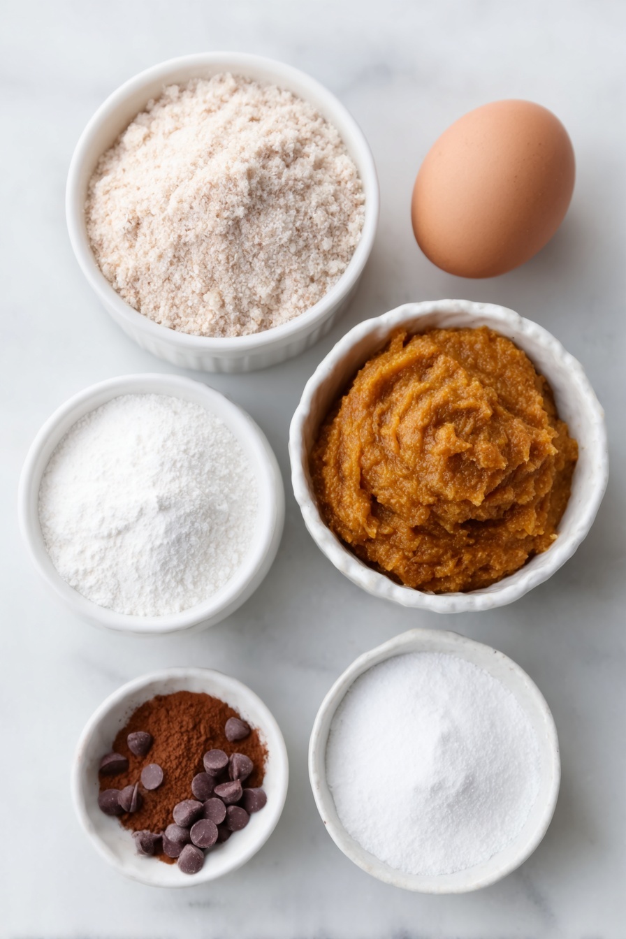 Flourless Pumpkin Muffins, gluten-free pumpkin muffins, healthy fall muffins, pumpkin breakfast treats, easy pumpkin muffin recipe - Flat lay of a small mound of light brown almond meal, a neat pile of white granulated sugar crystals, a small heap of fine pale baking powder, a tiny pinch of coarse sea salt flakes, a small pile of cinnamon powder with warm brown tones, a simple white ceramic bowl filled with vibrant orange pumpkin puree, a single whole uncracked brown egg with a smooth shell, and a small handful of glossy mini dark chocolate chips scattered gently nearby, all arranged in perfect symmetry on a clean white ceramic plate and bowls, placed on a clean white marble surface, soft natural light, photo taken with an iPhone, professional food photography style, fresh ingredients, white ceramic bowls, no bottles, no duplicates, no utensils, no packaging --ar 2:3 --v 7 --p m7354615311229779997