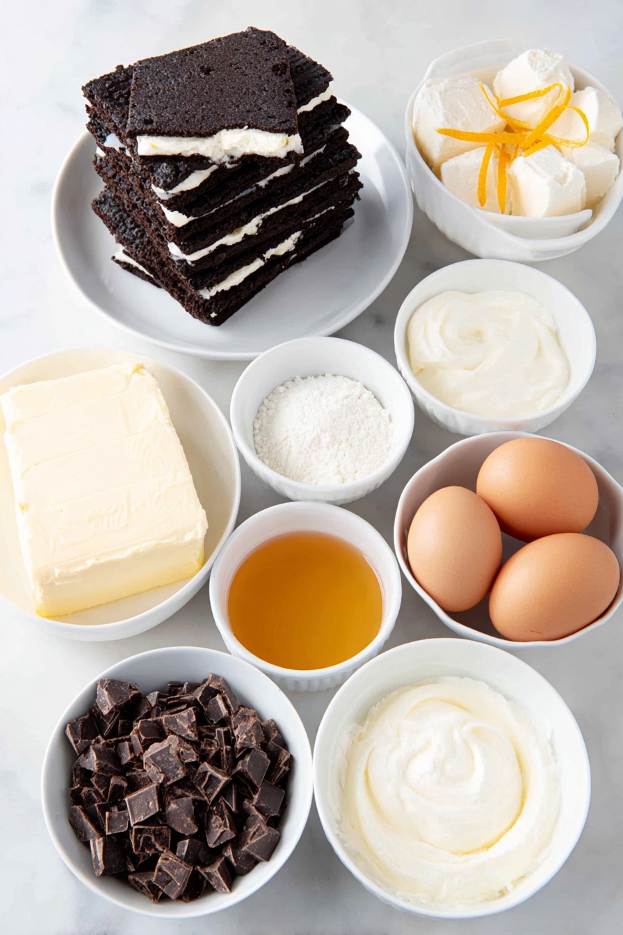Chocolate Orange Cheesecake, chocolate orange dessert, citrus cheesecake, easy cheesecake recipes, decadent chocolate cheesecake - Flat lay of a stack of about 20 whole Oreo cookies with visible cream filling, a small pile of golden melted butter pooling slightly, a smooth block of soft cream cheese, a dollop of pale sour cream, a small white bowl filled with fine caster sugar, a few bright orange zest strips curled neatly, a small white bowl with fresh orange juice, a small white bowl with clear vanilla extract, three large whole brown eggs with clean shells, a heap of finely chopped dark chocolate pieces, a small white bowl of thick heavy cream, and a small white bowl with golden honey, placed on a clean white marble surface, soft natural light, photo taken with an iPhone, professional food photography style, fresh ingredients, white ceramic bowls, no bottles, no duplicates, no utensils, no packaging --ar 2:3 --v 7 --p m7354615311229779997