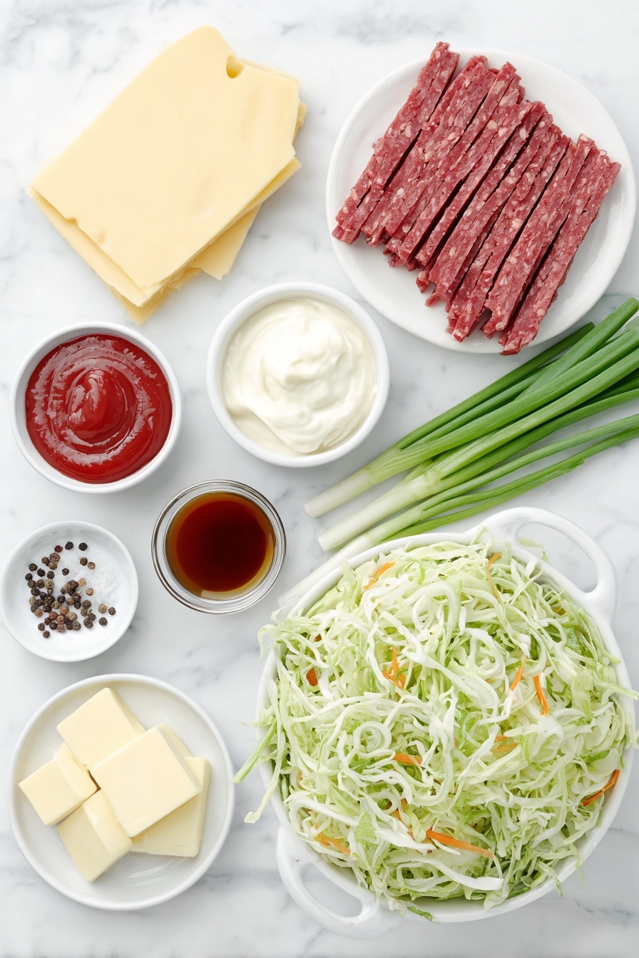 Keto Reuben Bowl with Corned Beef, Keto Reuben Bowl recipe, low-carb Reuben Bowl, easy keto lunch ideas, gluten-free Reuben bowl - Flat lay of a crisp heap of fresh coleslaw mix with vibrant green and white cabbage shreds and orange carrot strands, neatly arranged slices of pinkish-red corned beef strips, a small white ceramic bowl filled with creamy white mayonnaise, another bowl holding smooth red sugar-free ketchup, a third bowl with bright white horseradish paste, a tiny bowl containing deep amber Worcestershire sauce, a small heap of fresh green scallions with crisp stalks and delicate white bulbs, a wedge of pale yellow Swiss cheese with characteristic holes, a few tablespoons of rich golden butter neatly cut into pats, a scattering of coarse salt crystals and cracked black peppercorns artfully placed, all placed on a clean white marble surface, soft natural light, photo taken with an iPhone, professional food photography style, fresh ingredients, white ceramic bowls, no bottles, no duplicates, no utensils, no packaging --ar 2:3 --v 7 --p m7354615311229779997