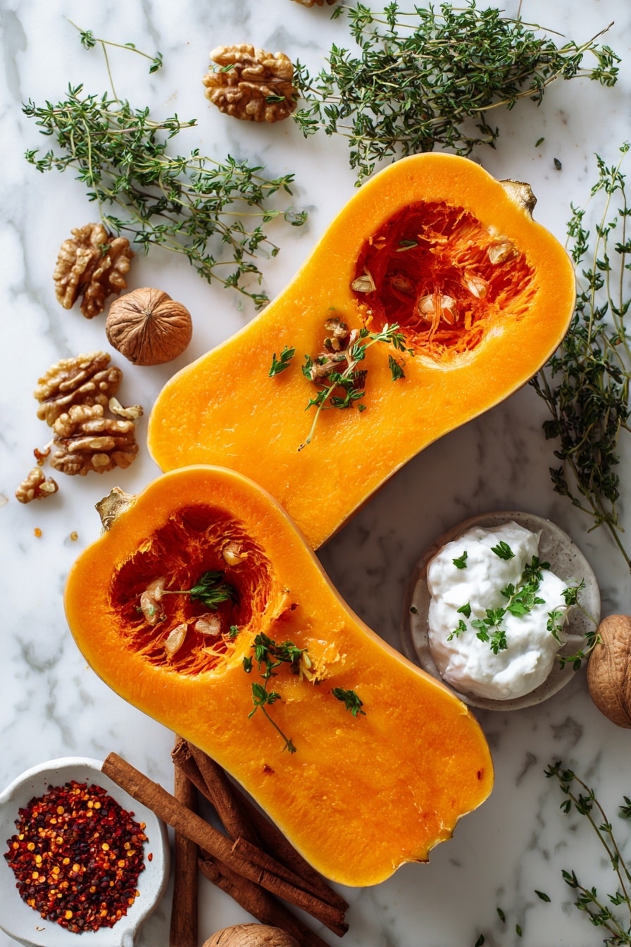 Roasted Honeynut Squash with Whipped Ricotta and Walnut Garnish, healthy fall squash recipes, cozy roasted squash side dish, easy autumn vegetable recipes, elegant appetizer recipes for fall - Flat lay of vibrant orange honeynut squash halves with smooth skins and deep orange flesh, fresh green thyme sprigs scattered delicately, bright green chopped parsley leaves adding contrast, warm brown toasted walnut pieces with rough texture, creamy white whipped ricotta dollops, a small heap of red pepper flakes with a fiery red hue, and a few cinnamon sticks with rich brown tones arranged naturally, all colors vivid and fresh, placed on white marbled surface, photo taken with an iphone --ar 2:3 --v 7