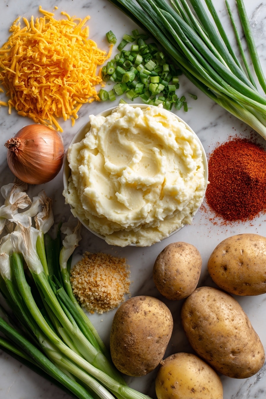 Cheddar and Green Onion Mashed Potato Balls, cheesy potato bites, crispy mashed potato snacks, savory potato appetizers, green onion potato balls - Flat lay of creamy mashed potatoes with a smooth, fluffy texture next to bright orange shredded cheddar cheese, finely chopped vibrant green onions scattered lightly nearby, warm golden panko breadcrumbs with a crispy texture piled gently, small heaps of red paprika powder and earthy garlic powder with a fine, soft grain, whole fresh potatoes with their rustic skin, and fresh green onion stalks with bright white bulbs, all naturally arranged to showcase a mix of soft, powdery, and crunchy textures, placed on white marbled surface, photo taken with an iphone --ar 2:3 --v 7