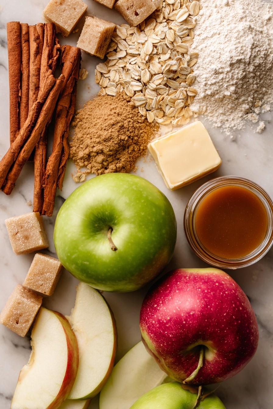 Salted Caramel Apple Pie Bars, apple pie bars with salted caramel, fall dessert recipes, caramel apple bars, easy apple dessert recipes - Flat lay of two whole apples, one bright green Granny Smith and one rosy pink Lady apple, thinly sliced apple wedges showing their crisp white flesh, golden rolled oats scattered loosely, soft mounds of light and dark brown sugar crystals, warm cinnamon sticks with a reddish-brown hue, small piles of pale beige all-purpose flour, cold cubes of creamy unsalted butter with smooth edges, and a small jar of rich, glossy salted caramel sauce with a deep amber color, all beautifully arranged in a natural, slightly overlapping pattern with varied textures and colors, placed on white marbled surface, photo taken with an iphone --ar 2:3 --v 7