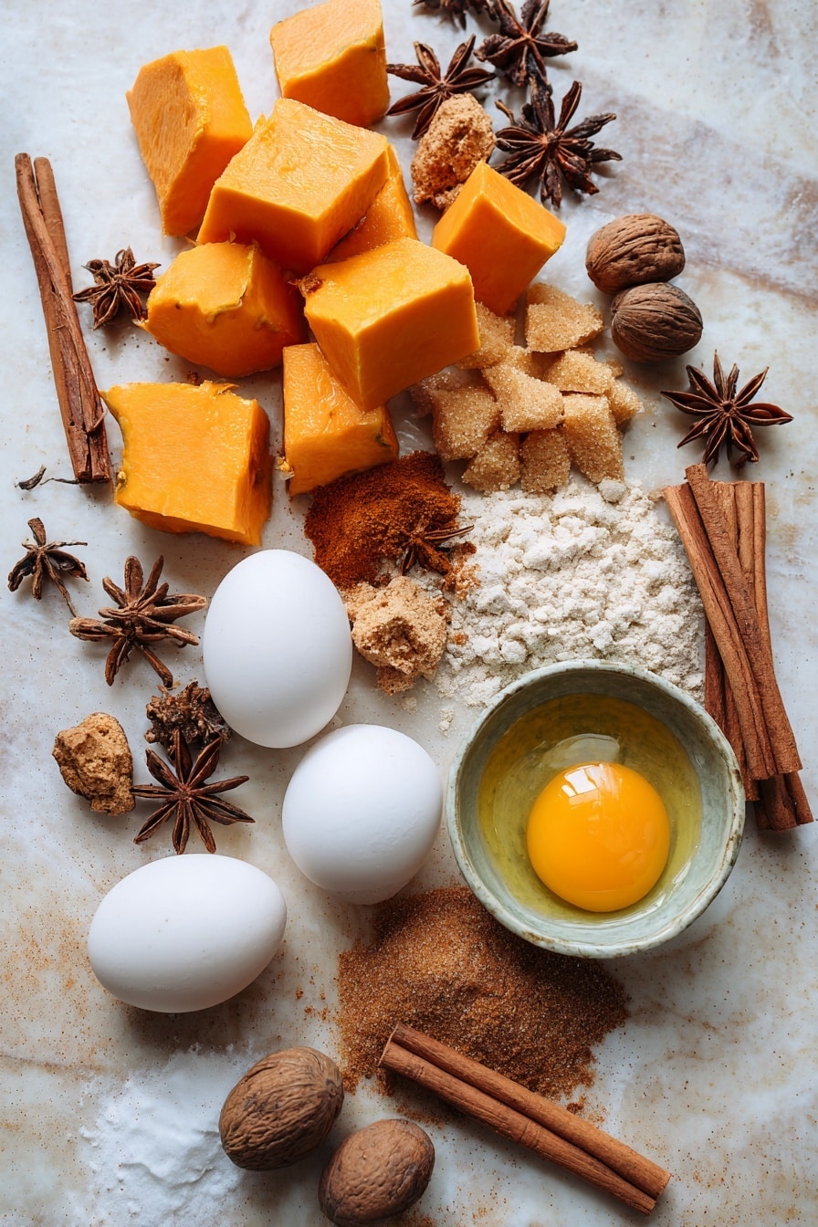 Pumpkin Crumb Cake Muffins, pumpkin muffins with crumb topping, fall baking recipes, easy pumpkin muffin recipe, cozy autumn desserts - Flat lay of bright orange fresh pumpkin chunks, a handful of golden brown and light brown sugar piles, warm cinnamon sticks, whole nutmeg and star anise pods scattered naturally, creamy white eggs with smooth shells, rich golden melted butter in a small pool, and a sprinkle of mixed ground spices with shades of brown and beige, all beautifully arranged with rustic textures and warm tones, placed on white marbled surface, photo taken with an iphone --ar 2:3 --v 7