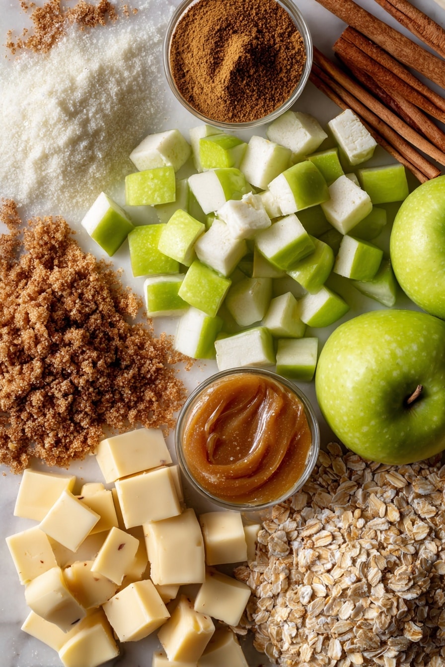 Caramel Apple Cheesecake Bars, caramel apple dessert, fall dessert recipes, apple cheesecake bars, easy cheesecake bar recipe - Flat lay of bright green Granny Smith apples finely chopped with bits of skin showing, creamy white blocks of cream cheese softened and smooth, golden light brown sugar crystals sparkling, warm brown cinnamon sticks and ground cinnamon powder with a soft texture, nutmeg seeds with a rough brown surface, pale yellow cubes of soft butter, clusters of rustic light brown quick oats, rich amber caramel drizzle glistening with a sticky sheen, all naturally arranged in a balanced and inviting way, placed on white marbled surface, photo taken with an iphone --ar 2:3 --v 7