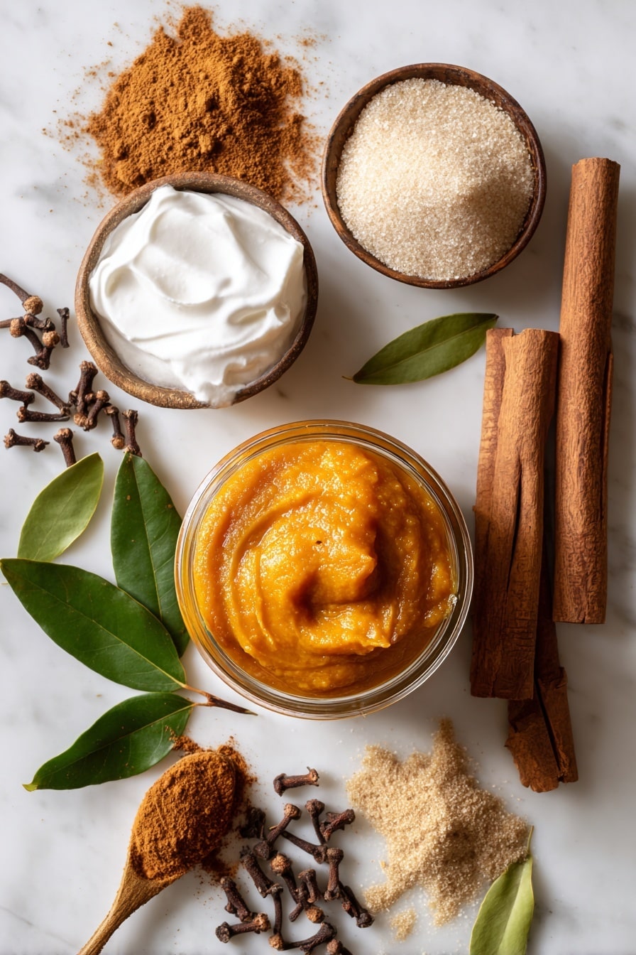 Vegan Pumpkin Pie, vegan pumpkin pie recipe, plant-based pumpkin dessert, dairy-free pumpkin pie, easy vegan pumpkin pie - Flat lay of a smooth, rich orange pumpkin puree in a small glass jar, thick white coconut cream with creamy texture in a bowl, heaping spoonfuls of golden brown sugar and fine granulated white sugar side by side, warm brown cinnamon sticks and ground cinnamon powder dusted softly nearby, pale beige ground ginger and nutmeg powders arranged in small neat piles, deep brown whole cloves scattered gently, and a few bright green fresh bay leaves for color contrast, all beautifully arranged with natural lighting and soft shadows, placed on white marbled surface, photo taken with an iphone --ar 2:3 --v 7