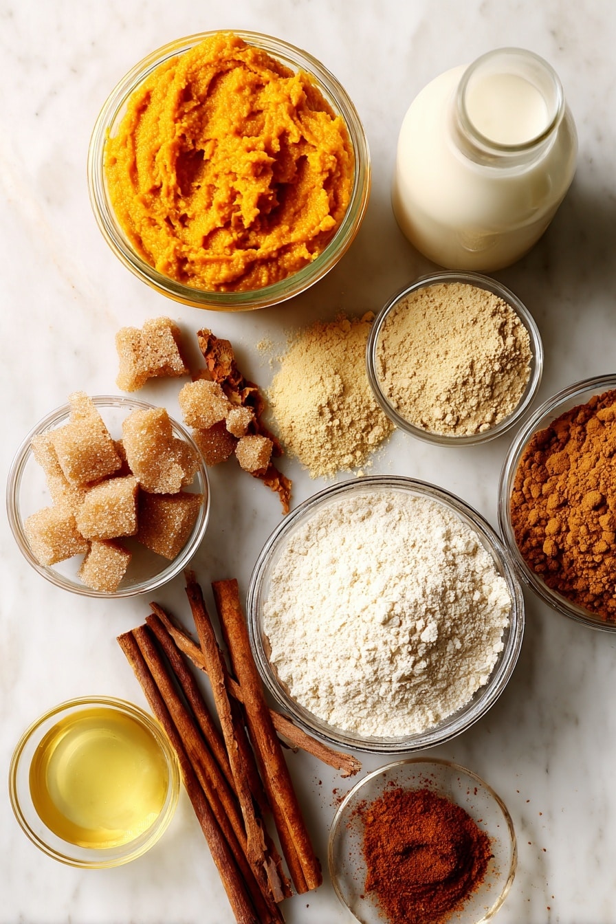 Pumpkin Coffee Cake with Streusel and Glaze, pumpkin coffee cake, fall coffee cakes, pumpkin spice dessert, easy pumpkin cake recipes - Flat lay of vibrant orange pumpkin purée in a glass jar, a small pile of rich brown sugar with coarse texture, a heap of golden brown all purpose flour, warm cinnamon sticks alongside ground cinnamon powder, a scattering of pumpkin pie spice with its earthy brown hue, a small bottle of clear vanilla extract, creamy white soy milk in a glass container, and a smooth pool of golden avocado oil, all beautifully arranged with gentle overlapping and varied heights to add depth, placed on white marbled surface, photo taken with an iphone --ar 2:3 --v 7