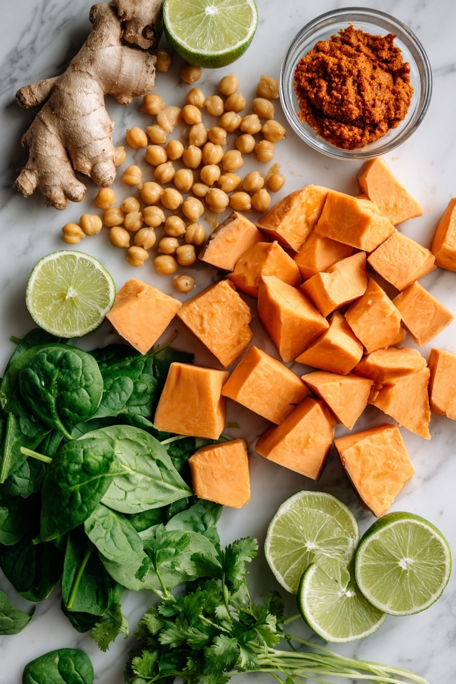 Sweet Potato Curry with Chickpeas, healthy sweet potato curry, vegetarian chickpea curry, quick vegan dinner, flavorful curry recipes - Flat lay of bright orange sweet potato chunks with smooth skin, golden chickpeas with a slightly rough texture, fresh green baby spinach leaves full of veins, vibrant red curry paste in a small heap showing its thick, glossy texture, minced pale yellow garlic cloves, thin slices of light beige fresh ginger root with fibrous edges, fresh lime halves showing juicy bright green flesh, and a small bunch of fresh cilantro with delicate green leaves and thin stems, all naturally arranged with slight overlapping and spacing to create a balanced composition, placed on white marbled surface, photo taken with an iphone --ar 2:3 --v 7