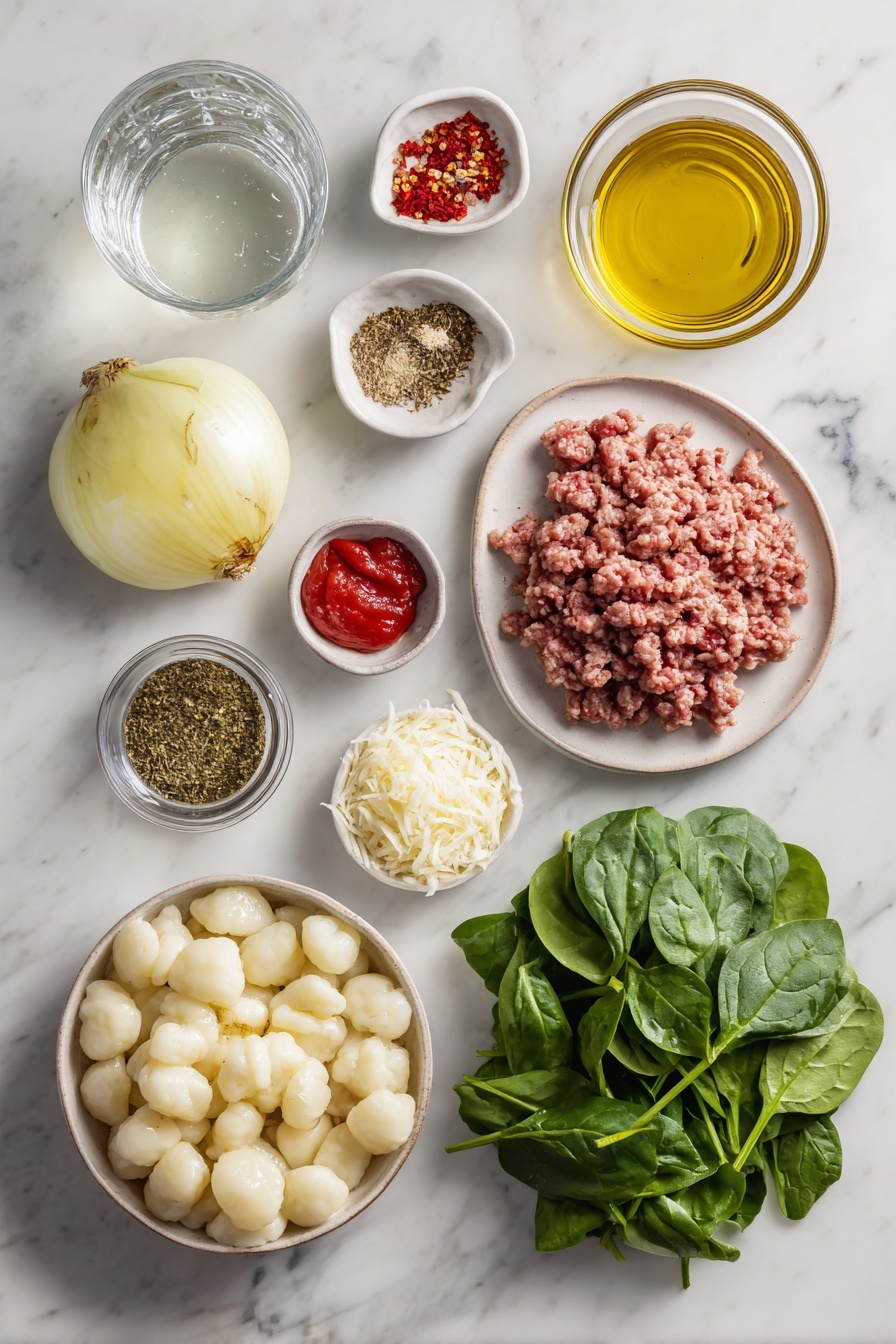 Sausage and Gnocchi Soup, hearty sausage gnocchi soup, easy sausage soup recipes, quick Italian sausage soup, comforting gnocchi recipes - Flat lay of a small pool of extra virgin olive oil in a shallow dish, a moderate mound of ground pork sausage, a small pile of crushed fennel seeds, a pinch of red pepper flakes, half a yellow onion chopped into pieces, three garlic cloves peeled, a clear glass with chicken stock, a glass of water, a can of diced tomatoes opened with juice visible, a small heap of Italian seasoning herbs, a sprinkle of kosher salt and freshly ground black pepper, a portion of uncooked gnocchi, a bunch of fresh spinach leaves, and a small bowl of grated Parmesan cheese, placed on a white marble surface, photo taken with an iphone --ar 2:3 --v 7