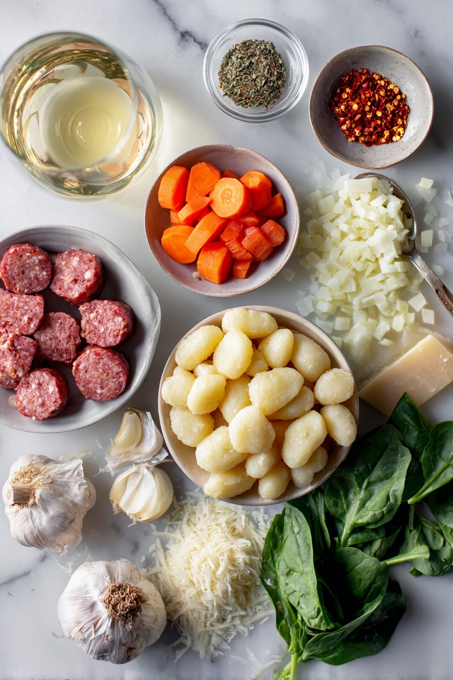 Creamy Italian Sausage Gnocchi Soup, Italian Sausage Soup, Gnocchi Soup Idea, Cozy Soup Recipes, Hearty Italian Soup - Flat lay of a few chunks of Italian sausage, a medium diced onion, a medium diced carrot, two diced celery sticks, two large garlic cloves, a small bowl of Italian seasoning, a small dish of red chili flakes, a glass with a splash of white wine, a ladle of creamy chicken stock, a pile of gnocchi, a handful of fresh baby spinach leaves, and a small mound of freshly grated Parmesan cheese placed on a white marble surface, photo taken with an iphone --ar 2:3 --v 7