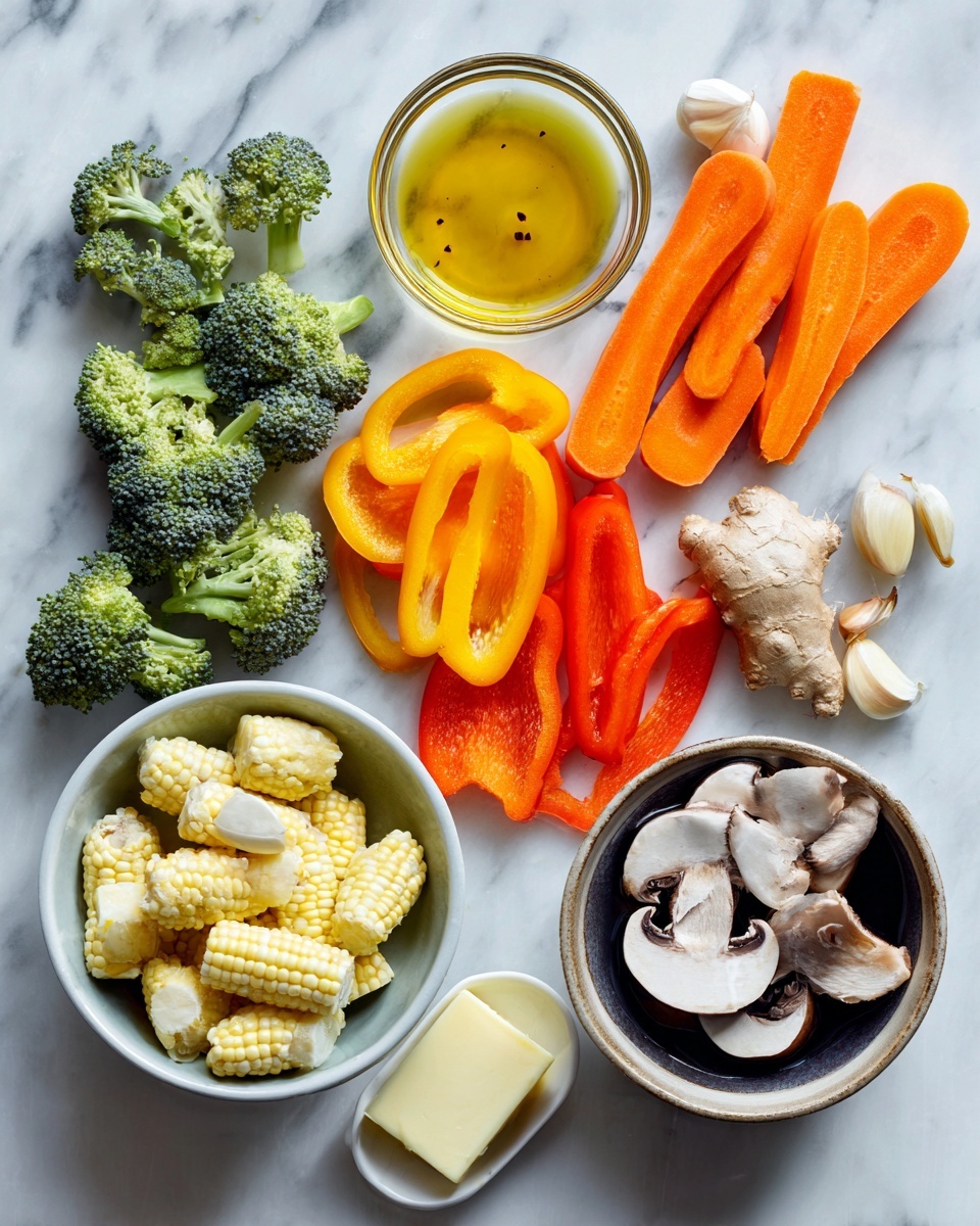 Vegetable Stir Fry with Garlic, Ginger, and Savory Sauce, healthy vegetable stir fry, quick stir fry recipe, flavorful vegetable stir fry, easy vegetarian dinner - Flat lay of one large sliced carrot, a small pile of medium broccoli florets, a few baby corn spears, a handful of sliced mushrooms, one whole sliced colorful bell pepper, three peeled garlic cloves, a small piece of fresh ginger root cut into slices, a small bowl of light golden cooking oil, a pat of unsalted butter, and a small bowl with stir fry sauce ingredients mixed together, all placed on a white marble surface, photo taken with an iphone --ar 2:3 --v 7