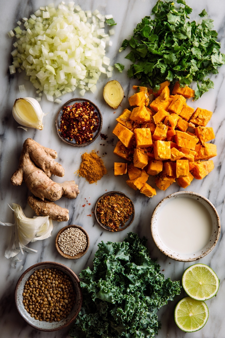 Ginger Sweet Potato and Coconut Milk Stew, Healthy Plant-Based Dinner, Nourishing Lentil and Kale Stew, Cozy Vegan Stew, Wholesome Fall Comfort Food - Flat lay of a medium yellow onion diced into small pieces, a few dried chili flakes scattered lightly, small piles of ground coriander, cumin, and turmeric, a fresh peeled 2-inch piece of ginger minced finely, three peeled garlic cloves minced, a generous heap of sweet potato cubes about the size of walnuts, a small mound of dry brown lentils, a bunch of vibrant chopped kale leaves, a small bowl of creamy coconut milk, a few lime wedges, and a sprinkle of chopped fresh cilantro and nigella seeds placed on a white marble surface, photo taken with an iphone --ar 2:3 --v 7