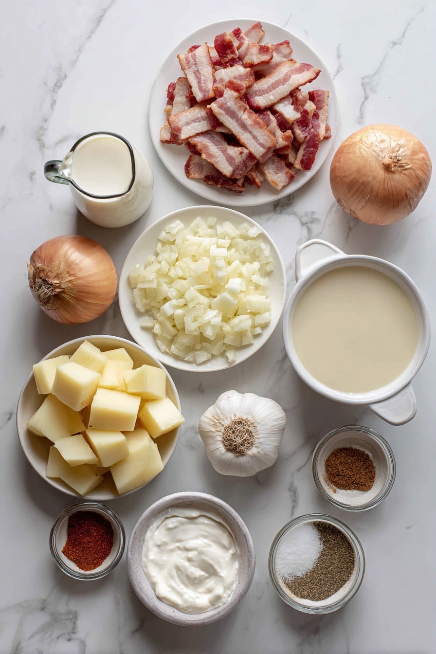 The Ultimate Potato Soup, creamy potato soup recipe, hearty potato soup, bacon potato soup, comforting potato soup - Flat lay of six uncooked bacon strips cut into small pieces, a medium yellow onion chopped into rough chunks, three large garlic cloves minced, a small mound of all-purpose flour, six large peeled gold potatoes diced into cubes about one inch, a small jug of chicken broth, a glass of milk, a small container of heavy cream, a dollop of sour cream in a bowl, and a sprinkle of ground pepper and ancho chili powder in tiny dishes, placed on a white marble surface, photo taken with an iphone --ar 2:3 --v 7