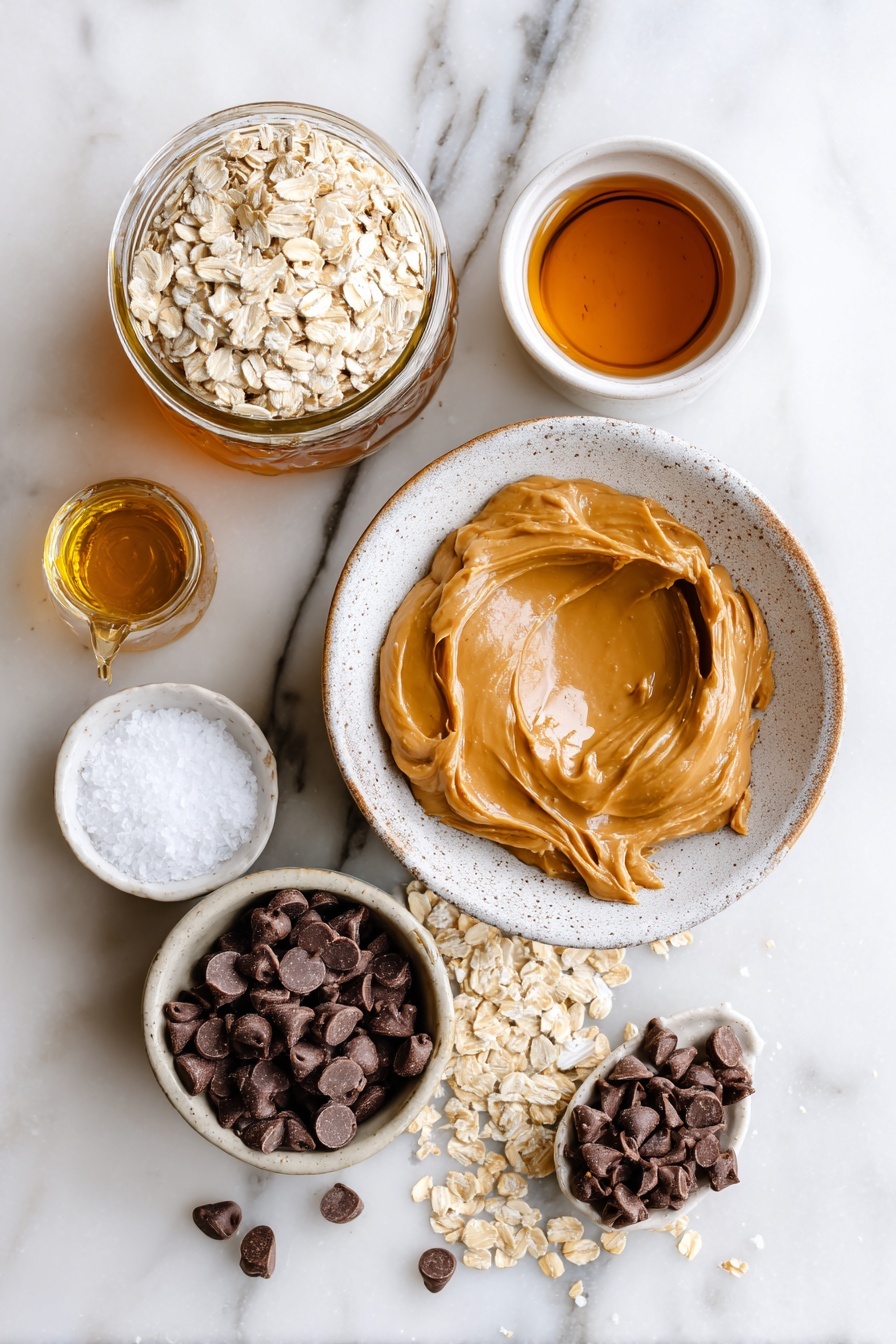Peanut Butter No Bake Cookies, no bake cookies, easy peanut butter cookies, quick cookie recipes, chocolate peanut butter treats - Flat lay of a medium bowl filled with creamy natural peanut butter, a small jar of golden maple syrup partially poured out, a small cup holding melted coconut oil, a tiny glass bottle of vanilla extract, a small heap of flaky sea salt, a generous pile of whole rolled oats spilling slightly, and a small bowl of mini chocolate chips scattered around, placed on a white marble surface, photo taken with an iphone --ar 2:3 --v 7