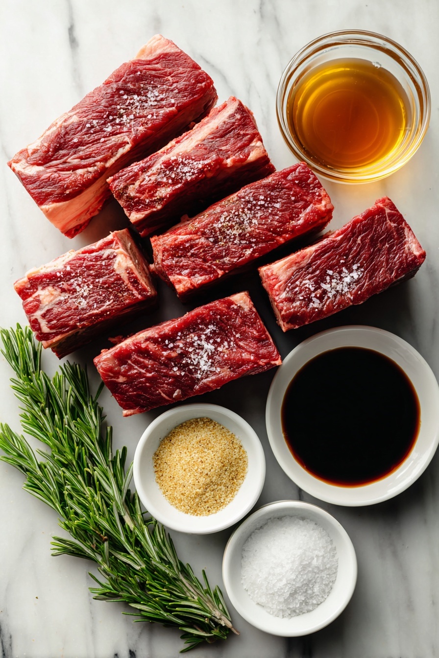 Slow Cooker Beef Short Ribs, beef short ribs dinner ideas, tender beef ribs, easy slow cooker recipes, fall-off-the-bone beef ribs - Flat lay of eight thick beef short ribs seasoned with salt and pepper, a small bowl of rich beef broth, a quarter cup of dark Worcestershire sauce in a glass container, a small pile of garlic powder and onion powder side by side, and a fresh green sprig of rosemary, all placed on a white marble surface, photo taken with an iphone --ar 2:3 --v 7