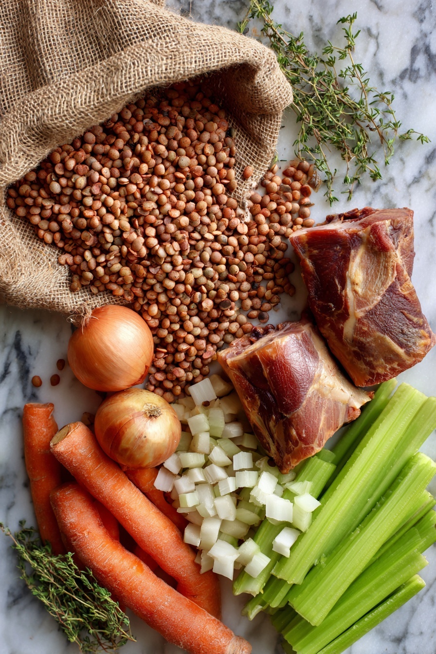 Split Pea Soup with Ham, hearty split pea soup, ham and pea soup, comforting soup recipes, easy ham and pea soup - Flat lay of dried split peas spilling gently from a rustic burlap sack, a plump white onion diced and whole, fresh celery ribs sliced with crisp green leaves, bright orange carrot rounds, two smoked ham hocks with a rich mahogany color, and a small pile of dried thyme leaves scattered artfully, placed on a white marble surface, photo taken with an iphone --ar 2:3 --v 7