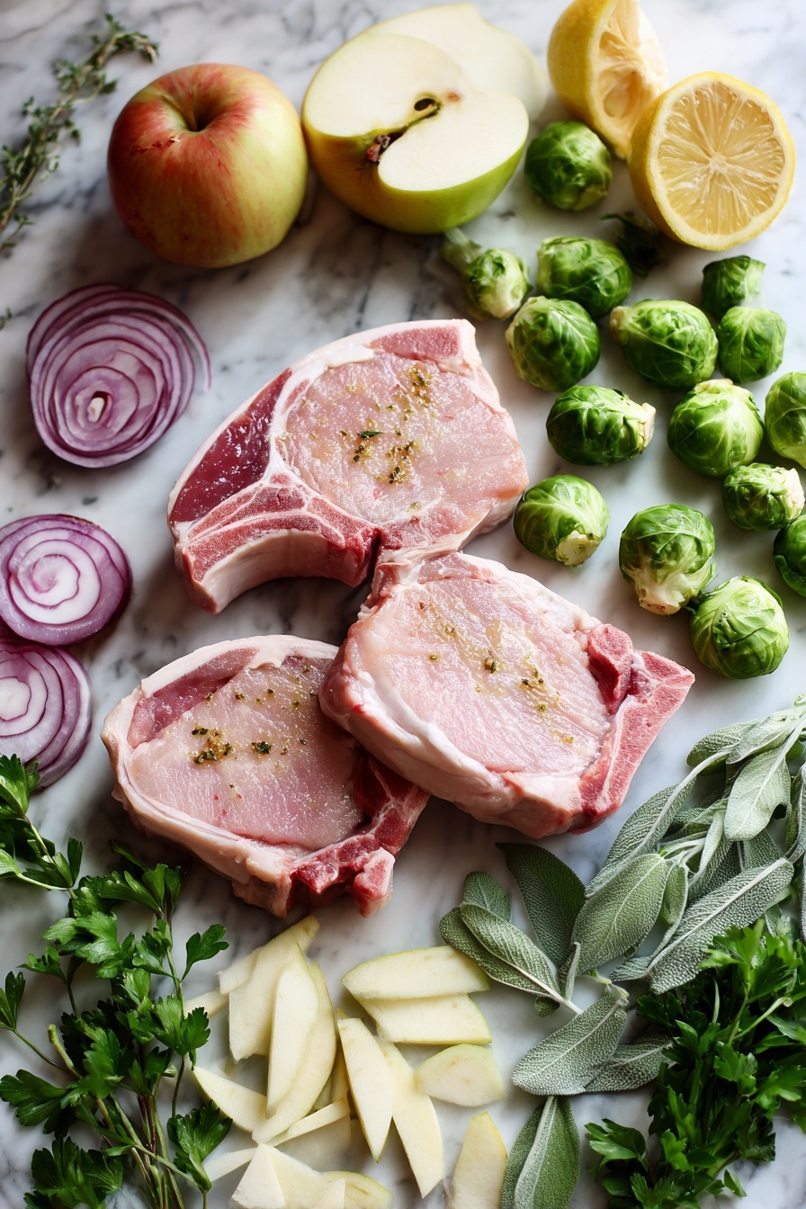 Sheet Pan Pork Chop Supper, quick pork chop dinner, easy weeknight pork recipes, one-pan pork and veggies, juicy bone-in pork chops - Flat lay of bone-in pork chops with a light coating of olive oil and fresh minced garlic, surrounded by halved Brussels sprouts, crisp Fuji apple wedges, thick red onion slices, sprigs of bright green Italian parsley, vibrant lemon halves, and scattered fresh sage leaves, all placed on a white marble surface, photo taken with an iphone --ar 2:3 --v 7