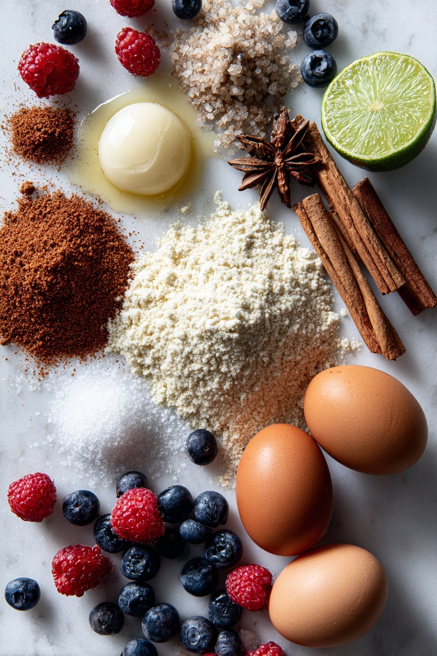 Berry Snack Cake Paleo Gluten-Free Easy Dessert Healthy Treats - Flat lay of finely ground almond flour, cassava flour, ground cinnamon sticks, whole cardamom pods, softened ghee in a creamy dollop, large brown eggs, fresh lime with zest and juice droplets, and a vibrant mix of red and blue berries, all beautifully arranged with a touch of maple sugar crystals scattered lightly around, placed on a white marble surface, photo taken with an iphone --ar 2:3 --v 7