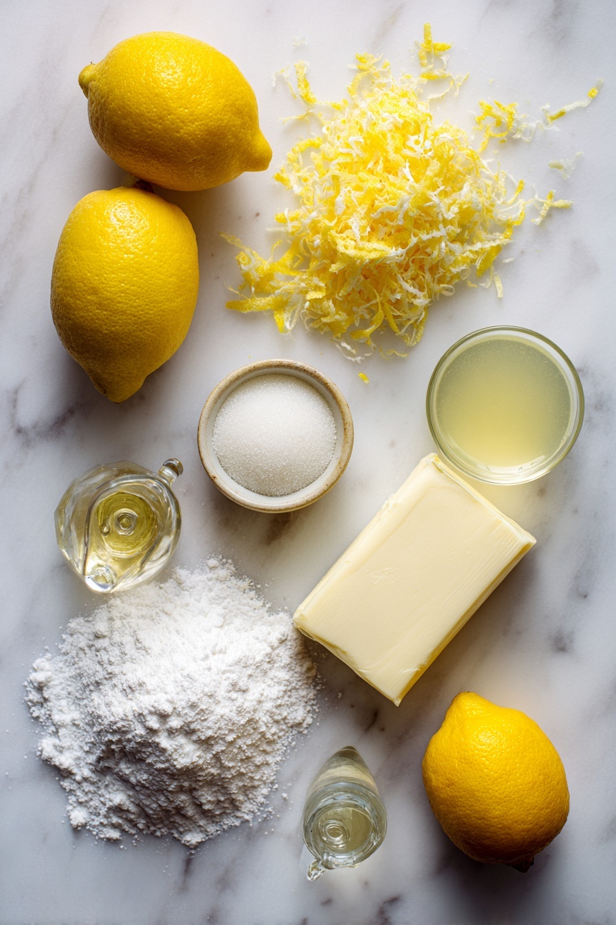 Lemon Crinkle Cookies, Lemon Cookies, Citrus Cookies, Easy Lemon Cookies, Soft Lemon Cookies - Flat lay of fresh lemons with bright yellow zest shaved delicately, a small mound of granulated sugar sparkling under soft light, a smooth slab of vegan butter softened and creamy, a glass container of clear fresh lemon juice, tiny drops of golden yellow food coloring, a heap of white powdered sugar dusted lightly nearby, and a sprinkle of pure vanilla extract in a small glass vial, all beautifully arranged on a white marble surface, photo taken with an iphone --ar 2:3 --v 7