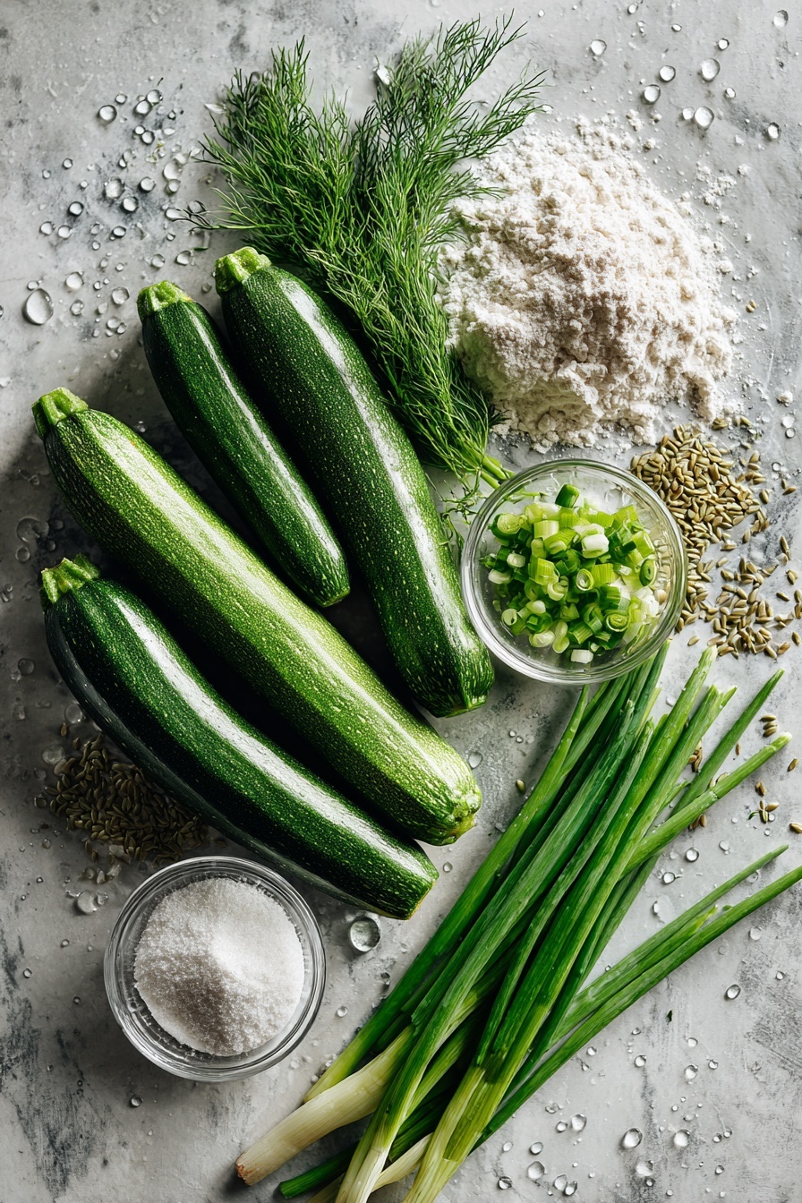 Vegan Zucchini Fritters, vegan vegetable fritters, healthy zucchini snacks, crispy vegan fritters, quick vegan meal - Flat lay of fresh whole zucchinis, a small pile of ground flaxseeds, bright green chopped spring onions, a handful of fresh dill sprigs, a small mound of all-purpose flour, a separate pile of fine cornstarch, and a glass of water droplets on the surface, all beautifully arranged with vibrant colors and natural textures, placed on a white marble surface, photo taken with an iphone --ar 2:3 --v 7