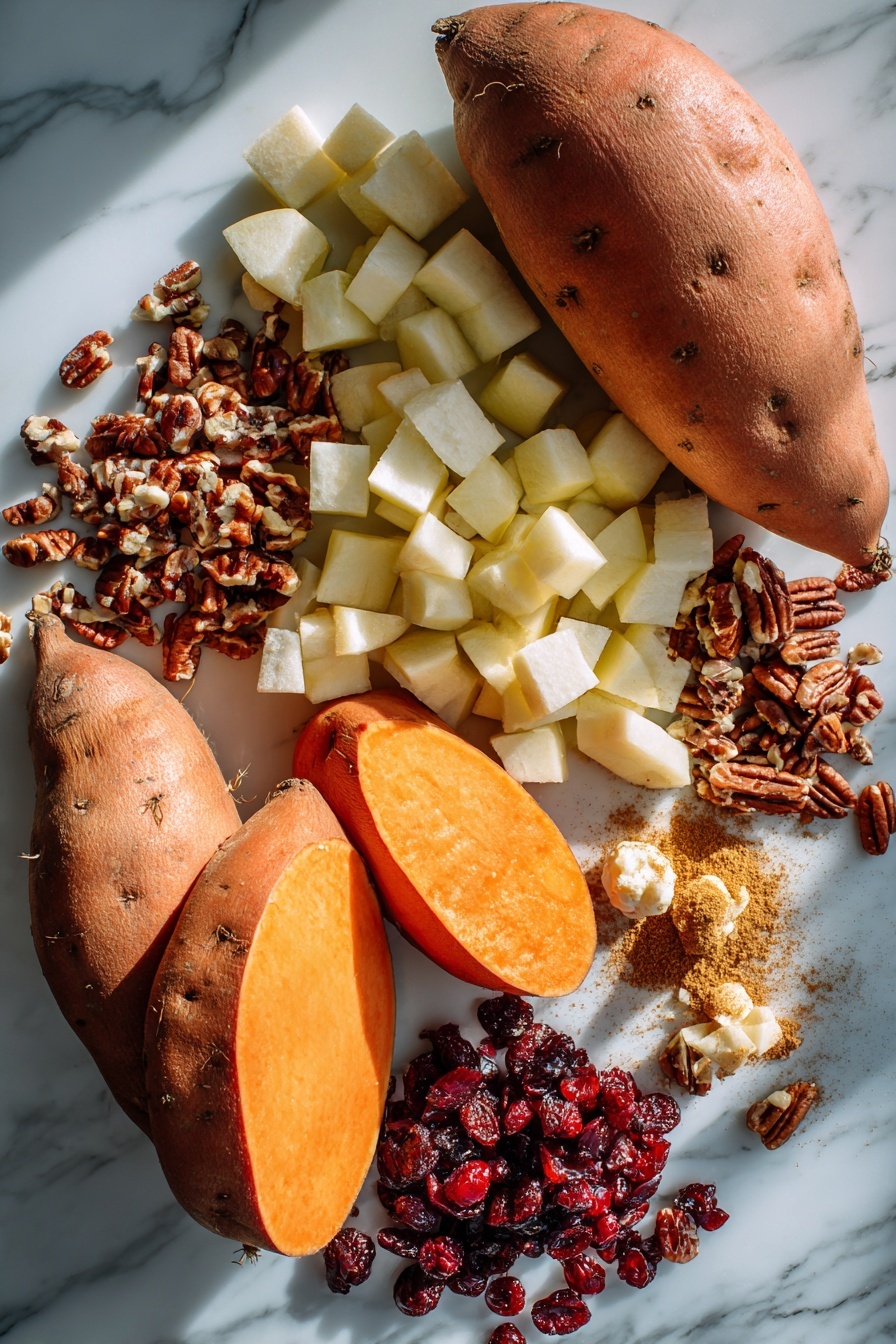 Cranberry Apple Twice-Baked Sweet Potatoes, baked sweet potato side dish, holiday sweet potato recipes, tangy cranberry sweet potatoes, easy autumn vegetable side - Flat lay of two whole sweet potatoes with smooth orange skin, peeled and diced crisp apple cubes, vibrant dried cranberries scattered nearby, a small pile of chopped pecans, golden butter melting in soft chunks, and a sprinkle of warm brown coconut sugar alongside a dusting of ground cinnamon and nutmeg, all beautifully arranged with natural light highlighting their rich colors and textures, placed on a white marble surface, photo taken with an iphone --ar 2:3 --v 7