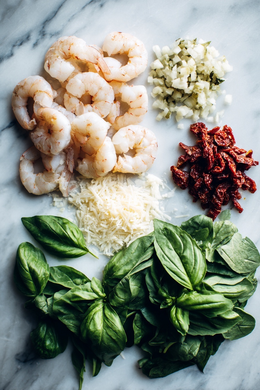 Creamy Tuscan Garlic Shrimp, Creamy Tuscan Shrimp recipe, garlic shrimp dinner, quick shrimp pasta, easy seafood recipe - Flat lay of raw peeled shrimp with tails on, a small diced onion, chopped garlic cloves, roughly chopped sun-dried tomatoes, fresh loosely packed spinach leaves, a small pile of grated parmesan cheese, and bright green fresh basil leaves beautifully arranged in vibrant colors and textures, placed on a white marble surface, photo taken with an iphone --ar 2:3 --v 7